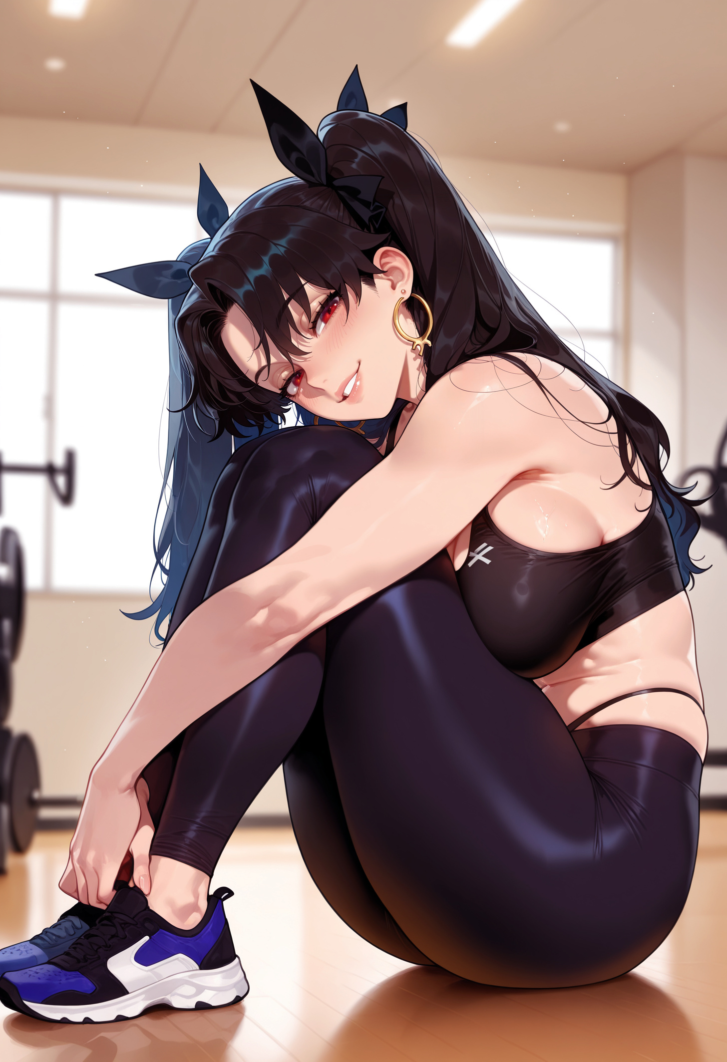 1girls, ai generated, alternate costume, balecxi, bare shoulders, black hair, black ribbon, black sports bra, blurry background, blush, breasts, clothing, curvaceous, curvaceous female, curvaceous figure, curvy, curvy figure, earrings, fate (series), fate/grand order, female, female focus, female only, from side, full body, grin, gym, hair ornament, hair ribbon, highleg, highleg panties, hoop earrings, hugging own legs, indoors, inviting, ishtar (fate), jewelry, knees up, large breasts, leggings, legs, long hair, looking at viewer, nike (company), on floor, pants, panty straps, parted bangs, parted lips, presenting, presenting ass, presenting breasts, presenting hindquarters, presenting self, red eyes, reflective floor, ribbon, seductive, seductive look, seductive smile, shoes, sideboob, sitting, skindentation, smile, sneakers, solo, sports bra, sportswear, thighs, tight clothes, tight pants, twintails, two side up, underwear, voluptuous, voluptuous female, window, yoga pants