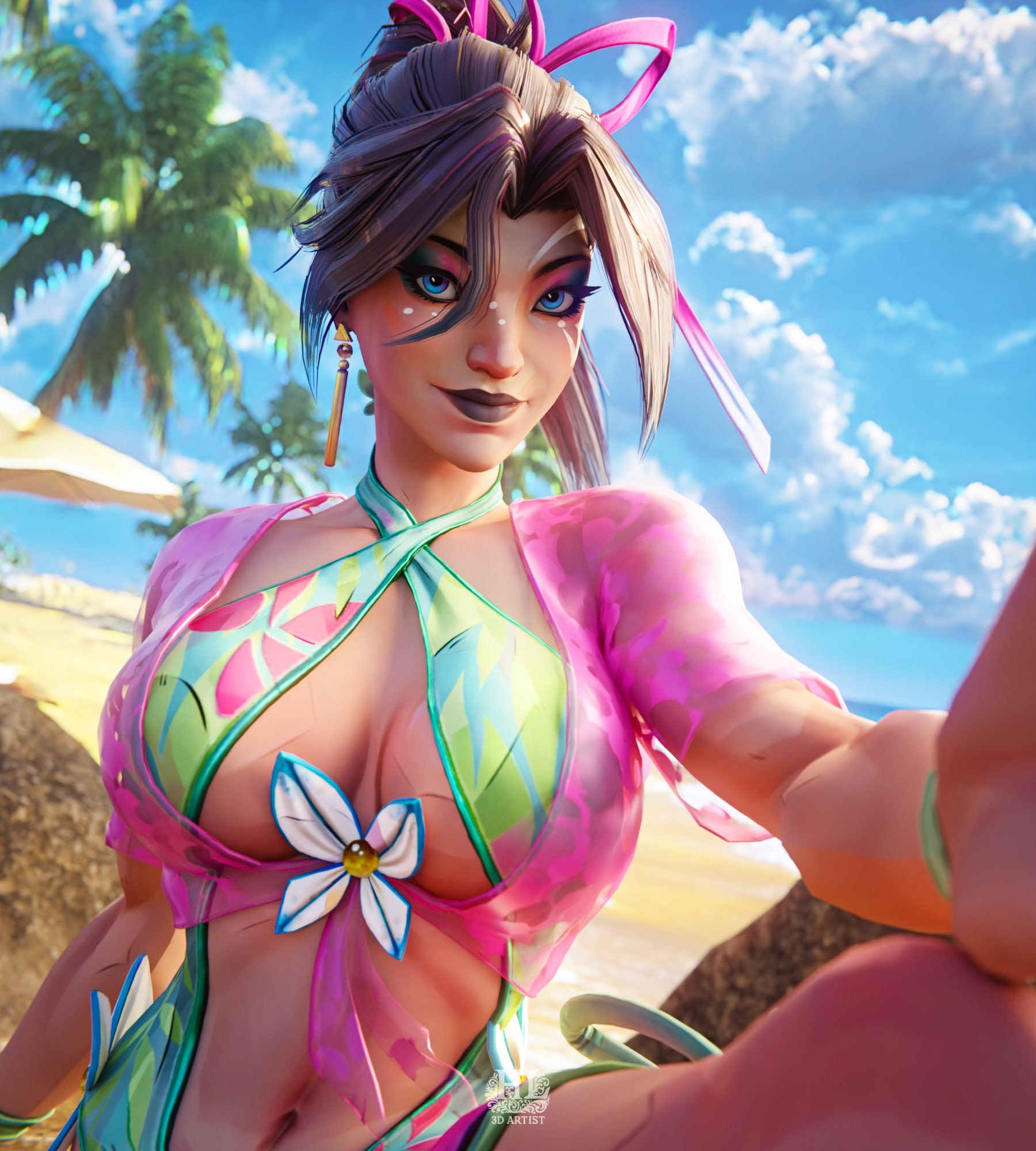 3d, asian, asian female, beach, bikini, blue eyes, cleavage, curvy female, light skin, light-skinned female, lipstick, marvel, marvel rivals, mutant (marvel), psylocke, psylocke (marvel rivals), psylocke (sai) (breezy butterfly), purple hair, selfie, solo, swimsuit