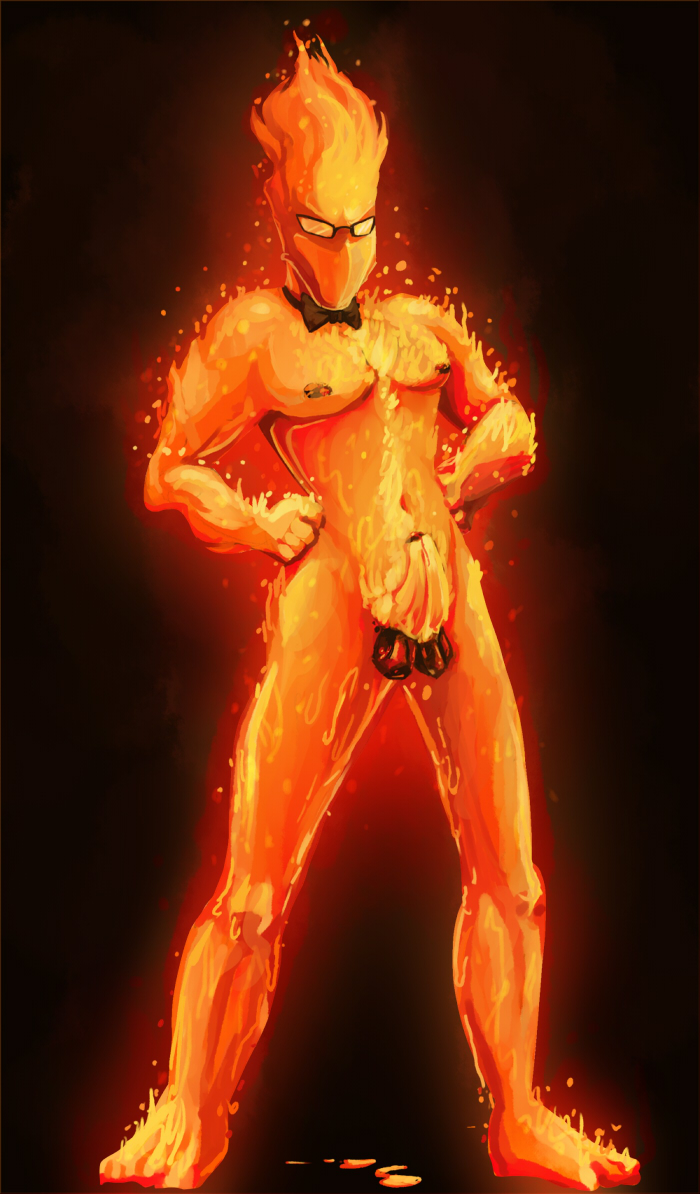 1boy anthro balls barefoot erection evanight eyewear fire glasses grillby male male_only navel nipples nude pecs penis solo standing undertale video_games