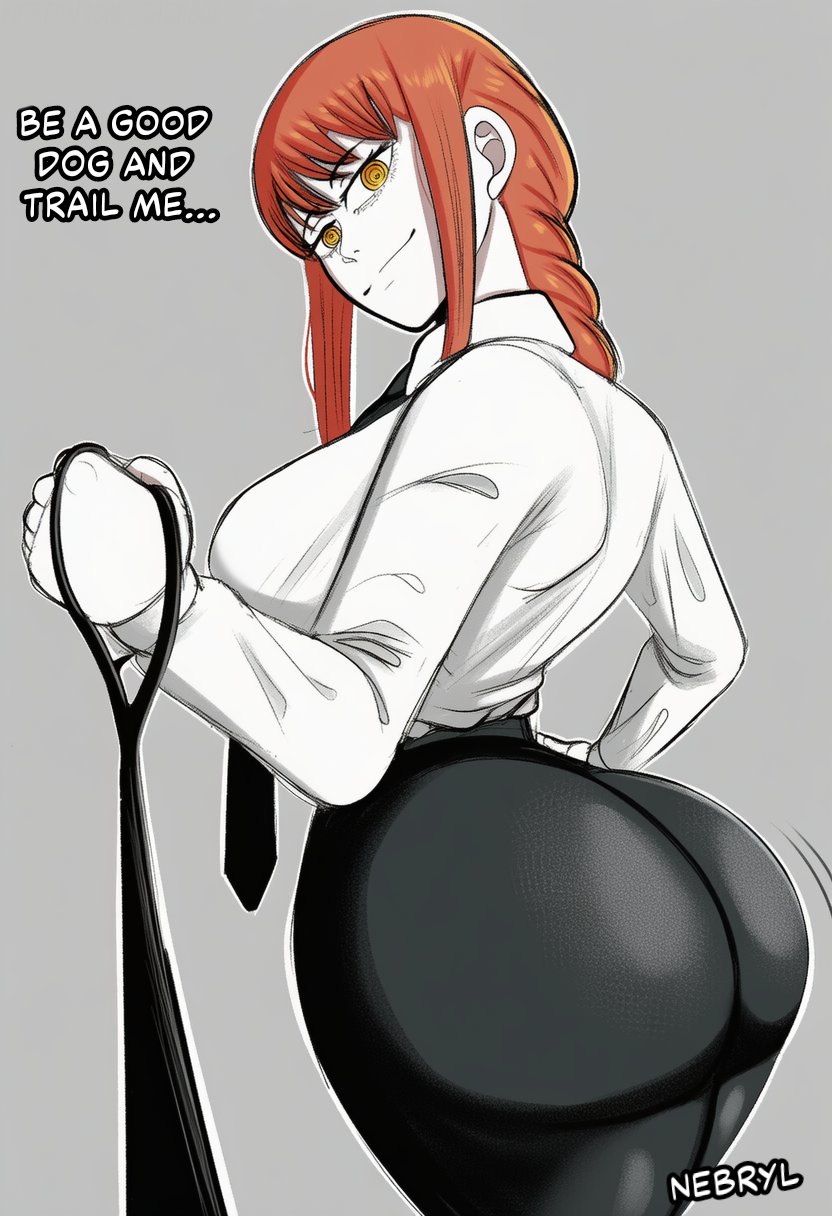 ai assisted, ai generated, big ass, big breasts, bubble butt, chainsaw man, clothed, clothing, collar, dominant, dominant female, fat ass, female, female only, femdom, gray background, large breasts, makima (chainsaw man), nebryl, pov, pulling collar, red hair, roleplay, round ass, thick thighs, thighs, yellow eyes