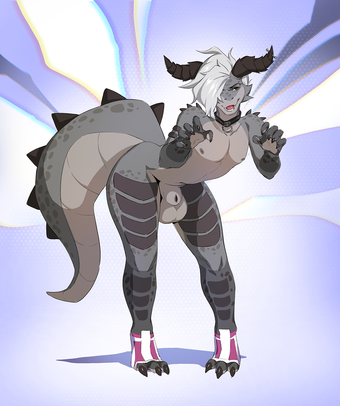 animal genitalia, anthro, avocado seed, balls, big balls, clothing, collar, deathclaw, eyebrow piercing, facial piercing, fallout, femboy, footwear, furgonomics, furry-specific piercing, genitals, gevaudan (good4life4ever), hi res, horn, horn piercing, leaning, leaning forward, male, microsoft, nipples, penis, piercing, rawr, scales, scalie, sheath, solo, tail, toeless footwear, tongue, tongue piercing