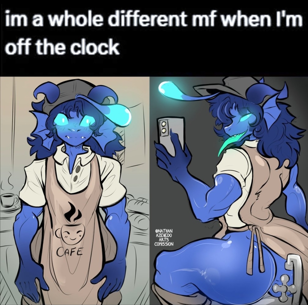 attendant, big ass, blue skin, cafe, coffee shop, dark blue hair, exposed ass, fish humanoid, gay, job, long hair, looking at viewer, meme, nathan azevedo arts, non-human, non-human head, non-human only, oc, original, phone, shitpost, skinny, tongue out, uniform, yaoi