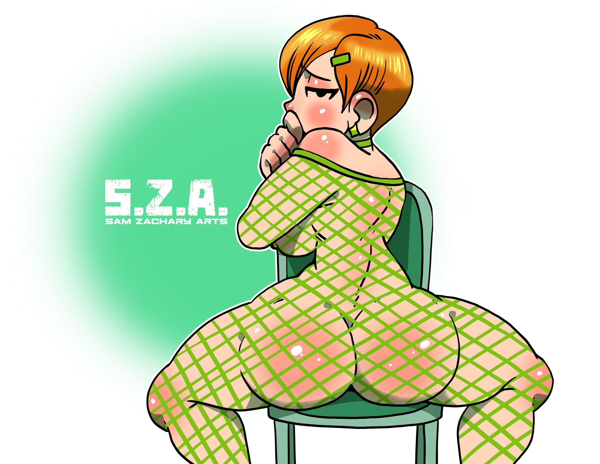 2d, ass, ben 10, ben 10 (classic), big breasts, bodysuit, breasts, bubble butt, busty, cartoon network, choker, erect nipples, female, female focus, female only, fishnet, fishnet bodysuit, fishnets, gwen tennyson, gwen tennyson (classic), hourglass figure, nipples, rear view, red hair, samzacharyarts, short hair, sideboob, sitting, tagme, wide hips