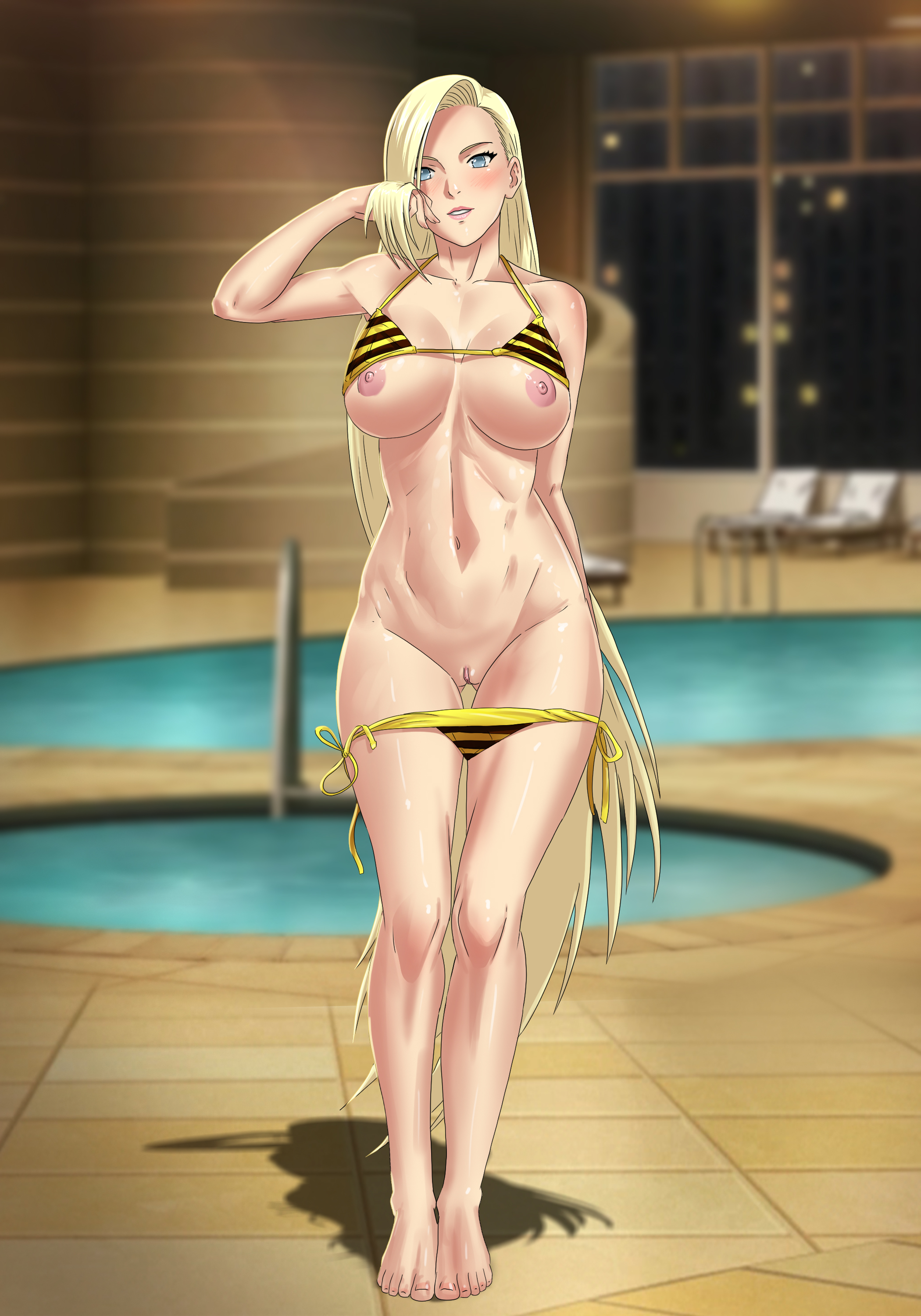 1girls, amenoosa, bare arms, bare legs, barefoot, bikini, bikini bottom, bikini bottom down, bikini down, bikini lift, bikini pull, bikini top, blonde hair, blue eyes, blush, breasts, cleavage, clitoral hood, clitoris, curvaceous, curvy, curvy body, curvy female, curvy figure, detailed background, exposed breasts, exposed pussy, extremely long hair, feet, female, female only, hair over one eye, high resolution, hourglass figure, hourglass figured female, indoors, innie pussy, ino yamanaka, inviting to sex, light skin, light-skinned female, lipstick, long hair, makeup, naruto, naruto (series), naruto shippuuden, naruto: the last, navel, nipples, paipan, pale skin, pale-skinned female, panties down, pinup, playing with hair, pool, poolside, pulled by self, pussy, revealing clothes, shaved pussy, showing breasts, showing pussy, slim waist, smile, solo, solo focus, striped bikini, swimsuit, thighs, uncensored, underboob, undressing, vagina, very long hair, walking, walking towards viewer, white skin, wide hips, yamanaka ino, yellow bikini
