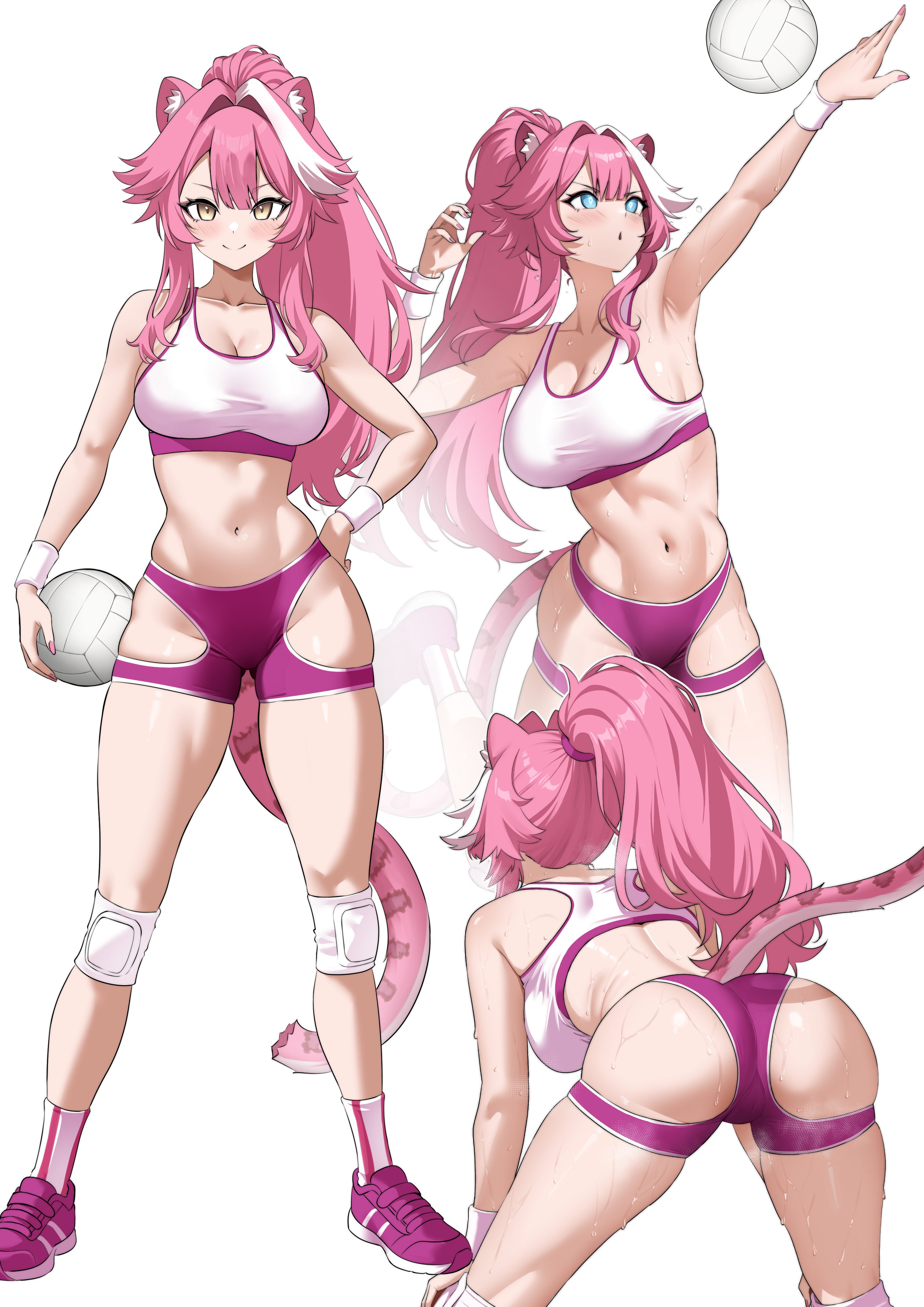 1girls, animal ears, ass, bitch, hololive, hololive english, hololive english -justice-, large breasts, pink hair, raikkonen, raora panthera, slutty female, tail, virtual youtuber, volleyball, volleyball (ball)