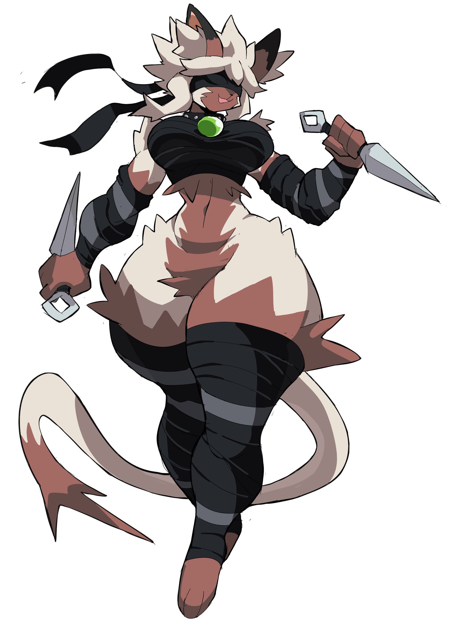 1girls, anthro, bandage, blindfold, blindfolded, breasts, brown fur, cat ears, cat girl, cat tail, catgirl, crop top, female, female focus, female only, furry, glitchlord8391, holding object, oc, original character, safe, safe for work, smile, solo, solo female, solo focus, tagme, thick thighs, weapon, white fur, wide hips