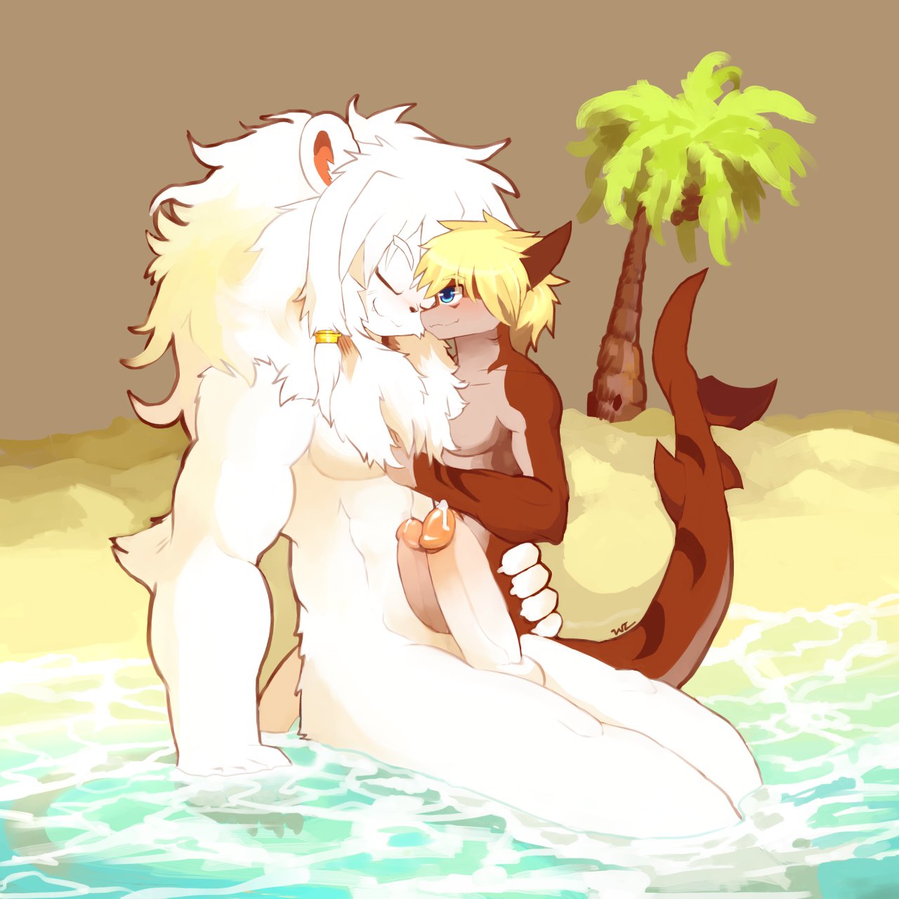 anthro athletic beach closed_eyes cuddling duo embrace erection feline fish humanoid_penis leo_(whiteleo) lion male male_only mammal mane marine nude partially_submerged penis penises_touching precum scalie seaside shark size_difference smile whiteleo young