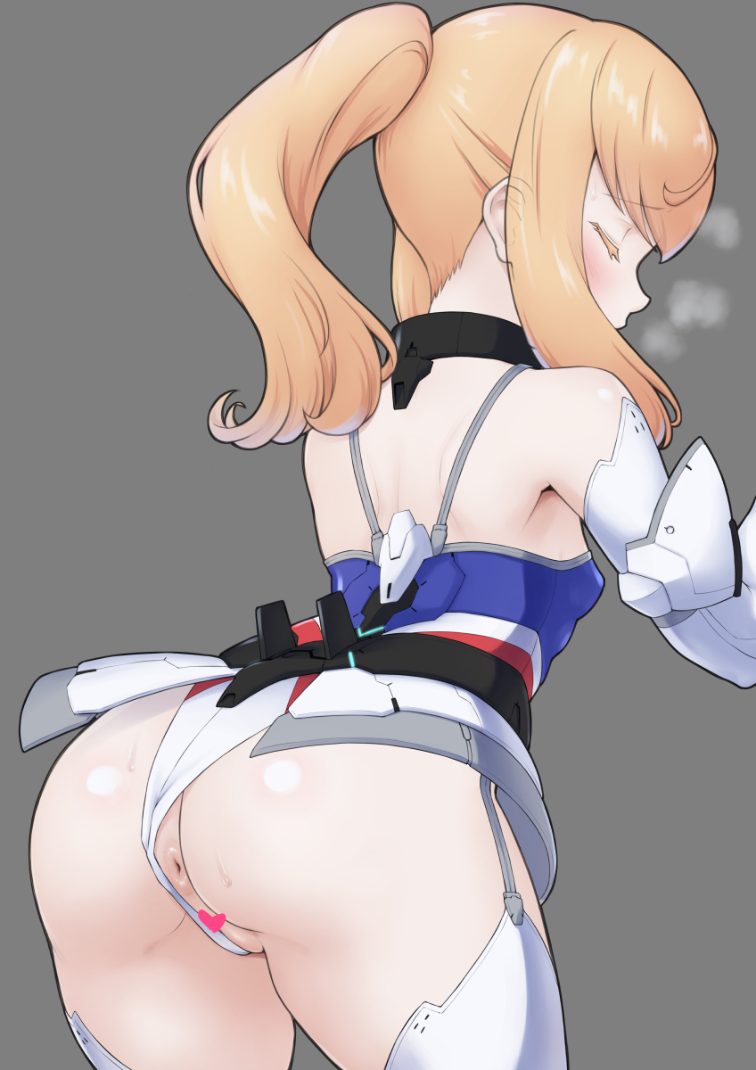 alice_gear_aegis anus ass bare_shoulders blonde_hair blush breasts censored female heart_censor highleg highleg_leotard highres leotard long_hair looking_at_viewer multicolored_leotard noelle_francesca ponytail sidelocks small_breasts solo takayama_chihiro thighhighs white_background white_leotard white_thighhighs