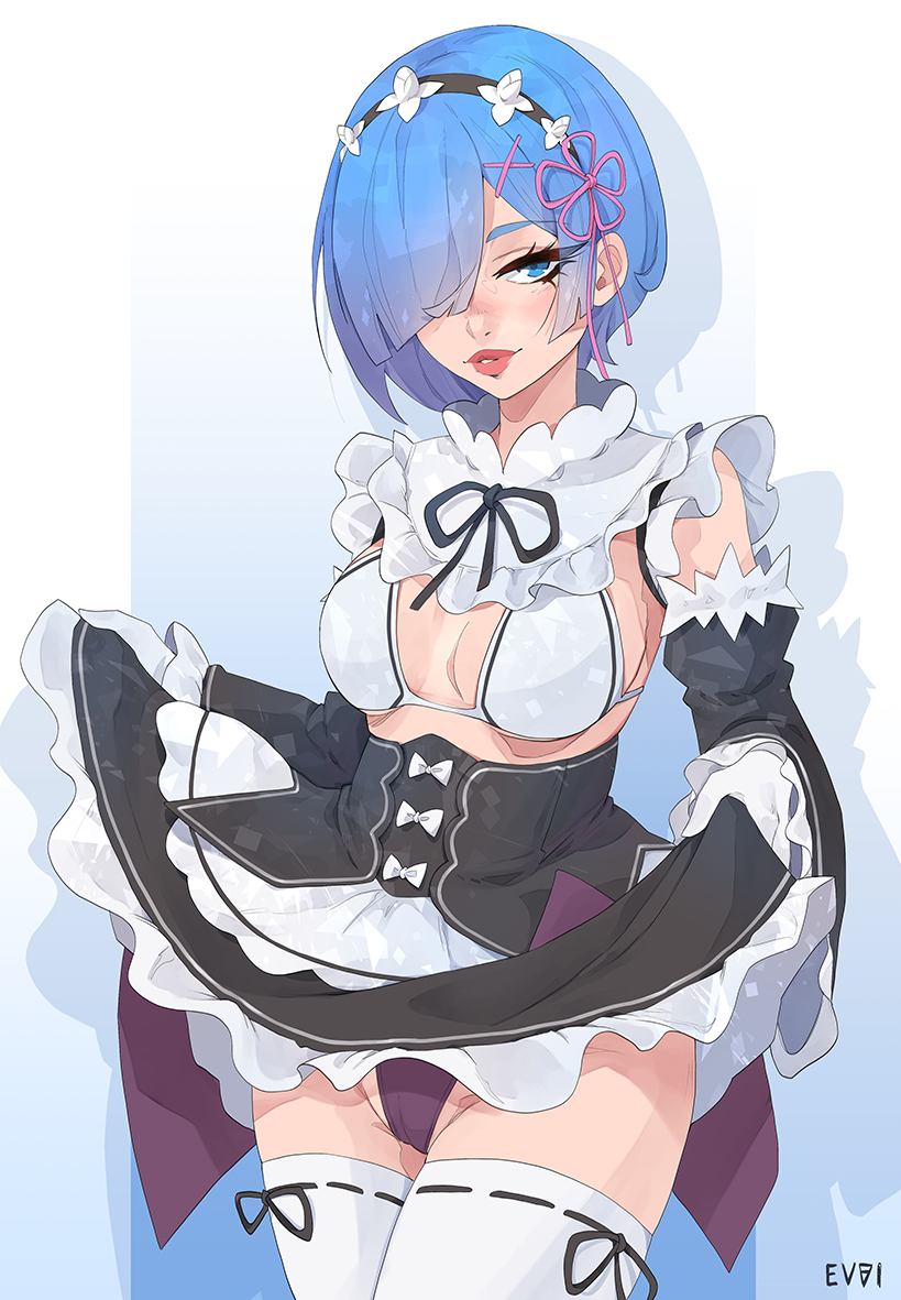 1girls, 2022, blue eyes, blue hair, dress lift, evviart, female, female only, hair over one eye, looking at viewer, maid, maid uniform, medium hair, panties, re:zero kara hajimeru isekai seikatsu, rem (re:zero), smiling, smiling at viewer, solo, thighhighs, white thighhighs