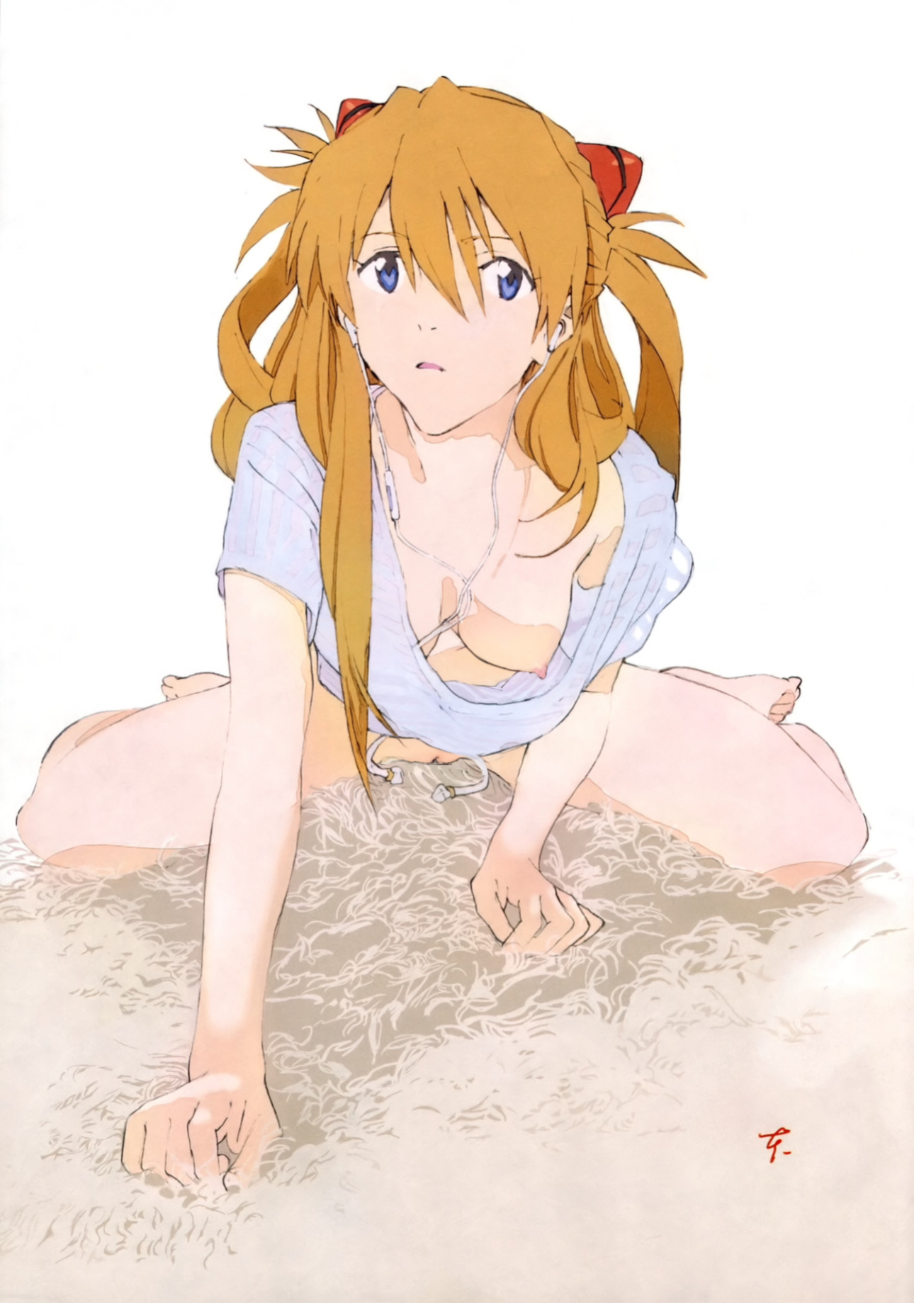 asuka langley sohryu, bottomless, breasts, female, hanging breasts, naked shirt, neon genesis evangelion, nipples, no bra, nude, nude edit, nude filter, official art, orange hair, pussy