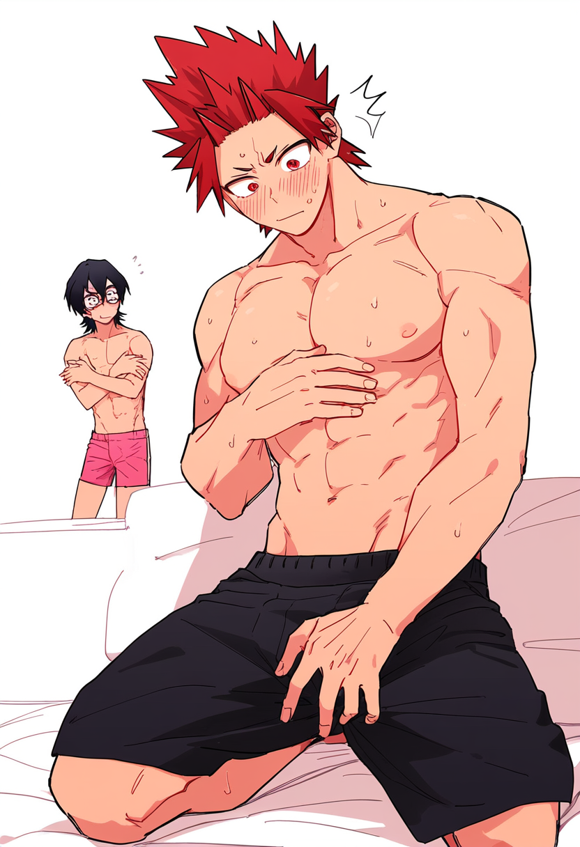 ai_generated black_hair black_shorts blush boku_no_hero_academia boner bystander eijirou_kirishima erection erection_under_clothes flustered gay glasses kirishima_eijirou large_pecs male_only my_hero_academia pink_shorts red_eyes red_hair shirtless shirtless_male shy spiky_hair surprised sweat yaoi yaoi0man