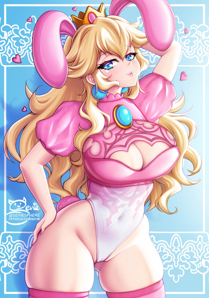 1girls blonde_hair blue_eyes breasts bunny_ears bunny_tail cosplay crown earrings fake_animal_ears fake_tail large_breasts leotard long_hair looking_at_viewer mario_(series) multicolored_leotard nier:_automata nintendo painted_fingernails pink_leotard playboy_bunny princess_peach sevie seviesphere thighhighs white_leotard yorha_2b yorha_2b_(cosplay)