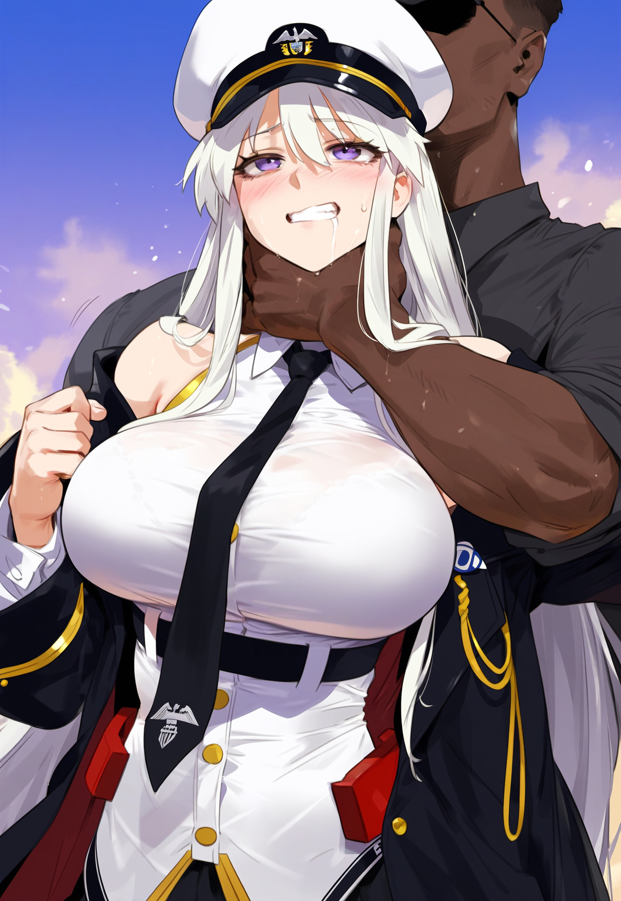 1boy, 1girls, ai generated, azur lane, choking, clothed, dark skin, dark-skinned male, enterprise (azur lane), female, imminent rape, imminent sex, interracial, male, muscular, muscular male