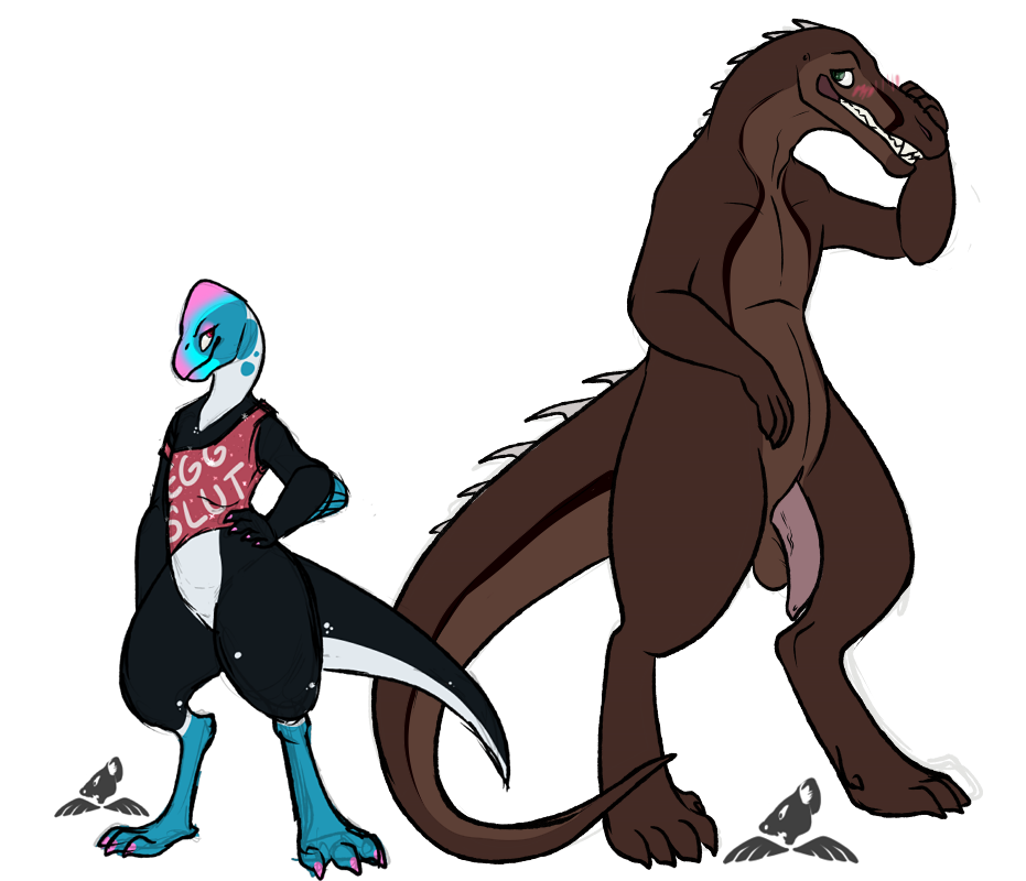 balls baronyx big_balls big_penis blush clothing dinosaur embarrassed female flaccid magpiehyena male oviraptor penis scalie shirt size_difference spikes teeth theropod