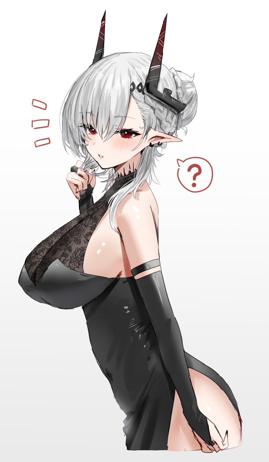 1girls, arknights, black bridal gauntlets, black dress, blush, breasts, cutout, earrings, female, female focus, female only, horn/wood, horns, huge breasts, light skin, light-skinned female, looking at viewer, mudrock (arknights), pointy ears, question mark, red eyes, side view, tagme, thick thighs, white hair