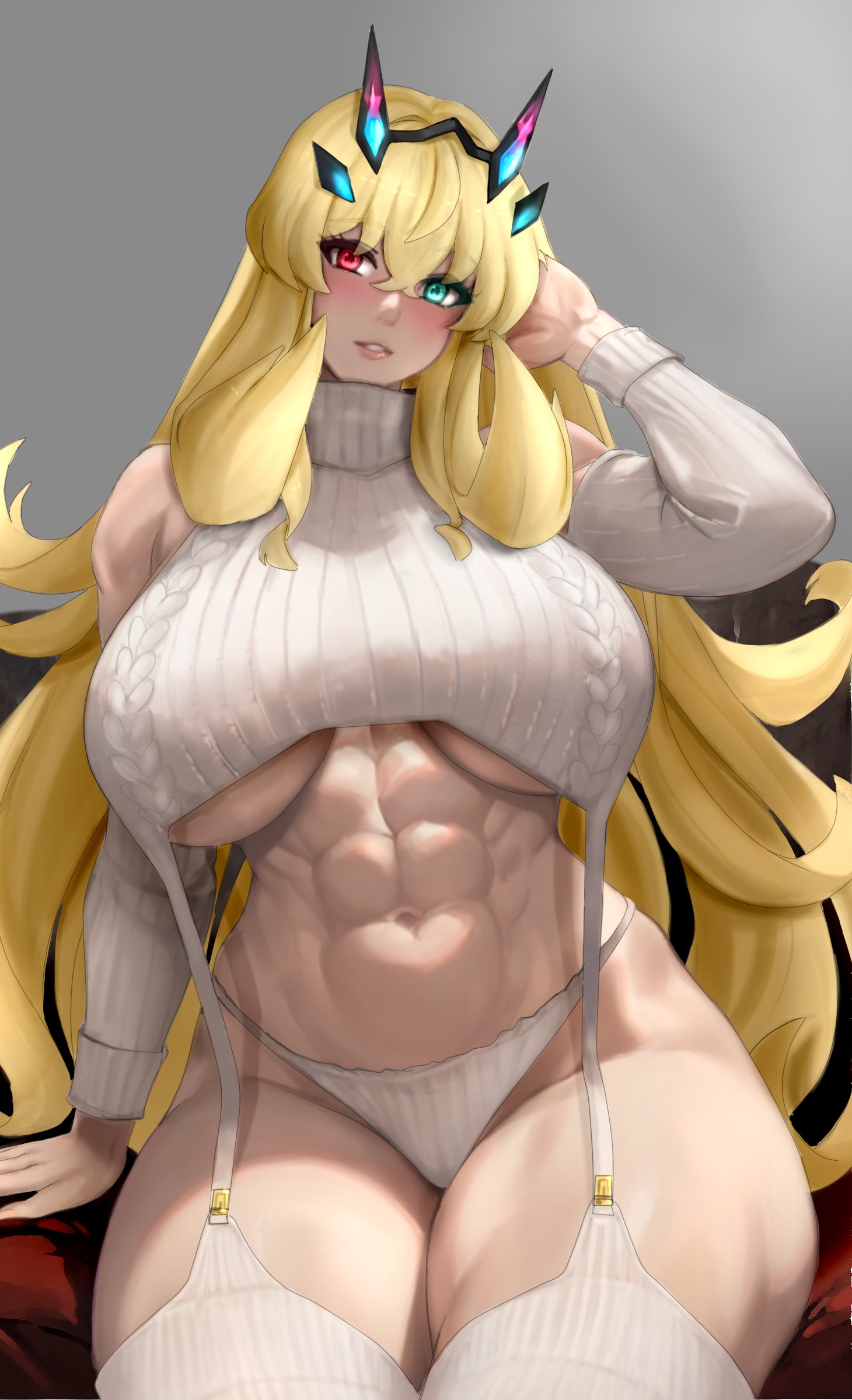 1girls, barghest (gawain) (fate), big breasts, big thighs, blonde hair, breasts, bursting breasts, fate (series), fate/grand order, female, green eyes, huge breasts, huge thighs, large thighs, long hair, muscles, muscular, muscular female, panties, raskasar, red eyes, shiny breasts, shiny hair, shiny skin, thick thighs, thighs, type-moon, virgin killer sweater, white skin, yellow hair