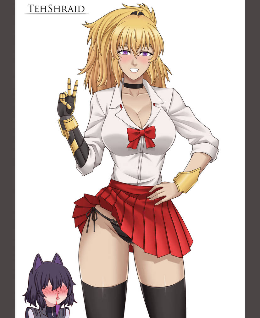 2girls black_hair black_hair_female blake_belladonna blonde_female blonde_hair blush cat_ears long_hair long_hair_female multiple_girls nosebleed ponytail purple_eyes robotic_arm rwby school_uniform showing_panties tehshraid yang_xiao_long