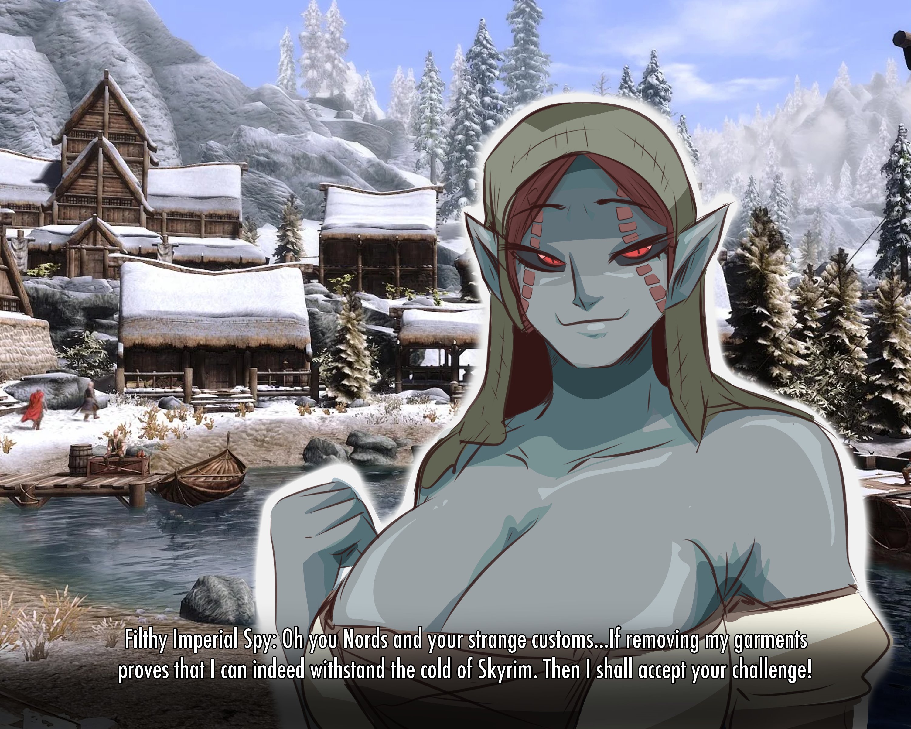 1girls, big breasts, breasts, dark elf, dark skin, dark-skinned female, dunmer, elf, female, gigajunyt, red eyes, red hair, skyrim, snow, text, the elder scrolls