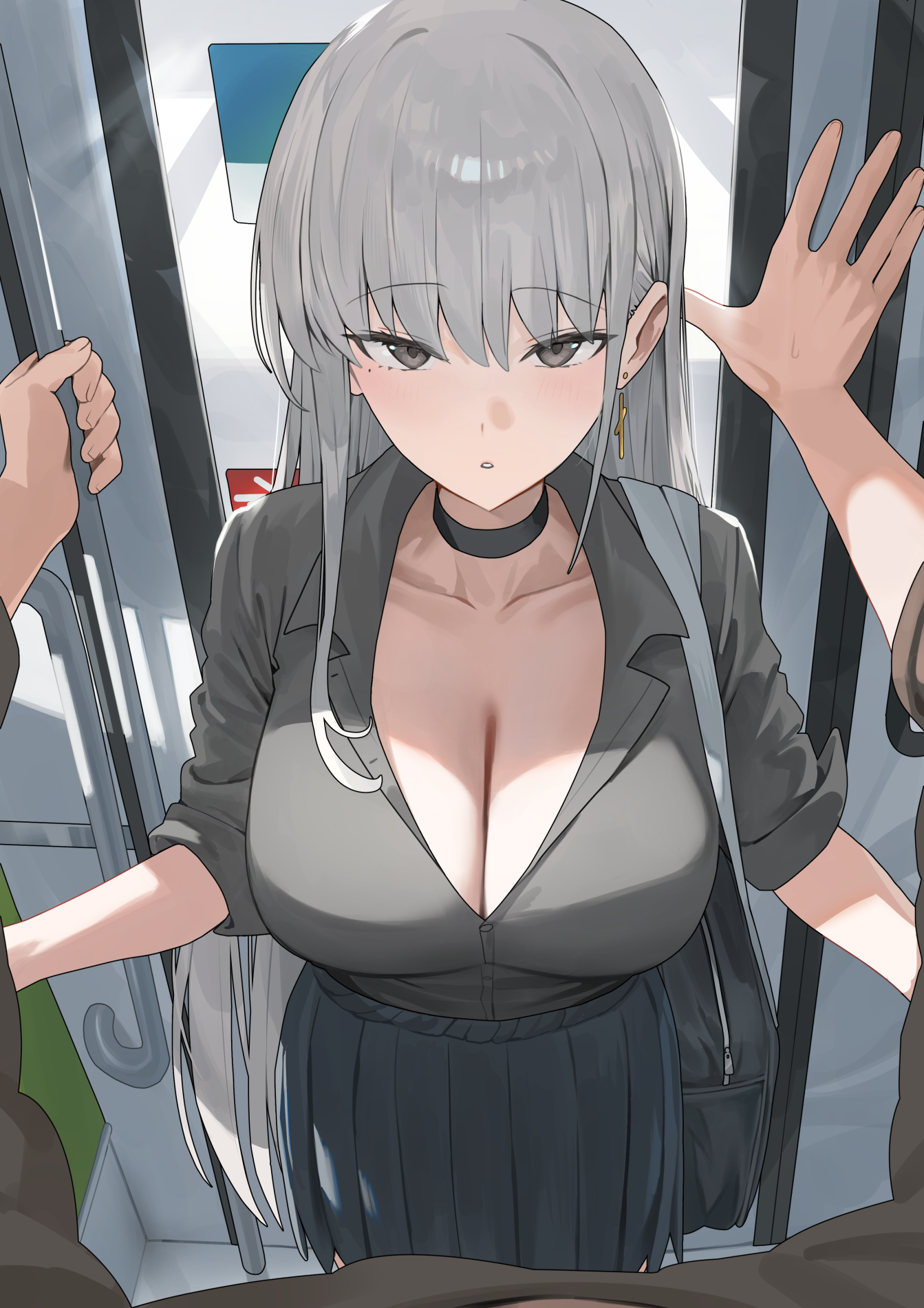 1girls, against wall, breasts, cleavage, clothed, female, hi res, hood x art, huge breasts, long hair, original, original character, pov, school uniform, schoolgirl, white hair