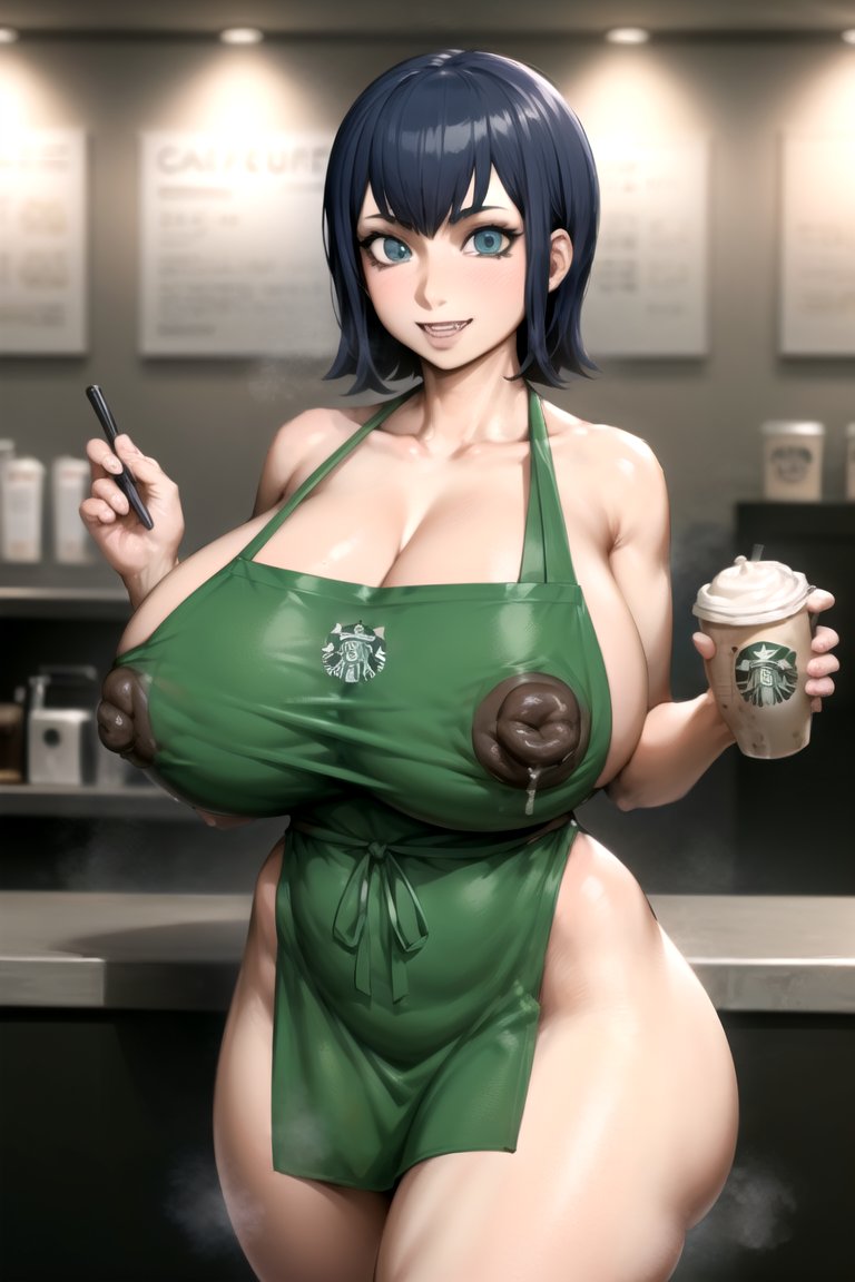 1girls, ai generated, apron, apron only, black hair, blue eyes, blush, breasts, busty, female, female only, goth, goth girl, hotel transylvania, hourglass figure, huge breasts, iced latte with breast milk, lactation, mavis dracula, nipples visible through clothing, reficulsenpai, short hair, starbucks, thick thighs, vampire, vampire girl, voluptuous