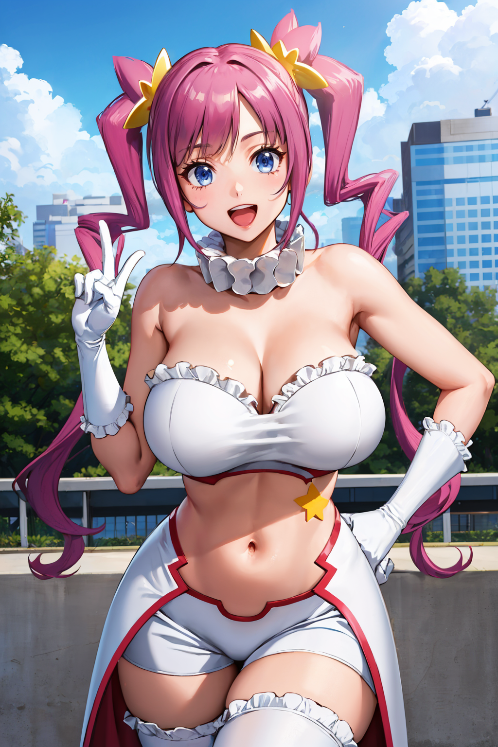 1girls ai_generated big_breasts blue_eyes bra breasts elbow_gloves gloves gundam gundam_build_fighters hair_ornament idol kirara_(gundam_bf) peace_sign pink_hair stockings twintails white_bra white_gloves white_stockings