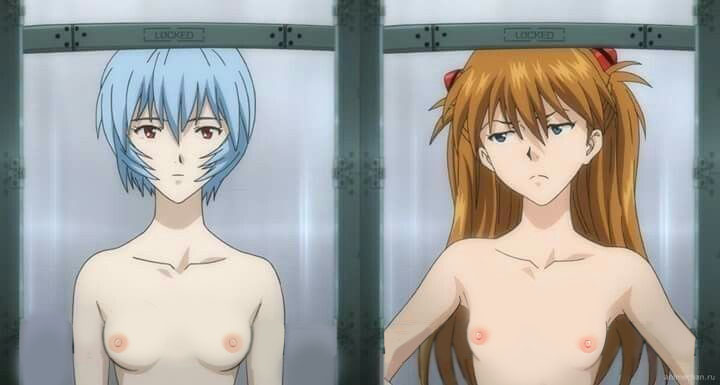 2girls asuka_langley_sohryu blue_hair breast_size_difference breasts decontamination_chamber female human light-skinned_female light_skin long_hair multiple_girls nekom14 neon_genesis_evangelion nipples orange_hair pale-skinned_female pale_skin rebuild_of_evangelion rei_ayanami short_hair small_breasts topless