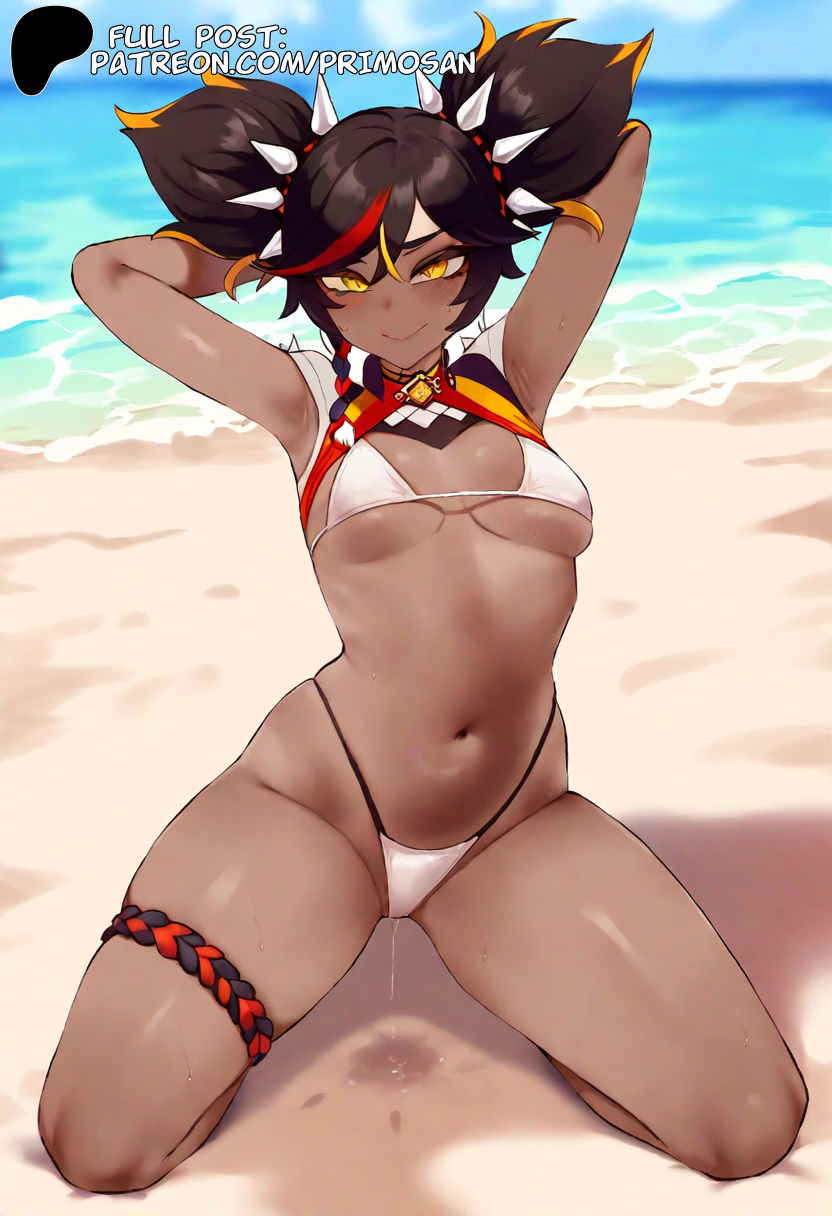 ai_generated arms_behind_head beach black_hair dark-skinned_female double_bun genshin_impact hair_bun kneeling medium_breasts navel primosan pussy_juice spread_legs xinyan_(genshin_impact) yellow_eyes