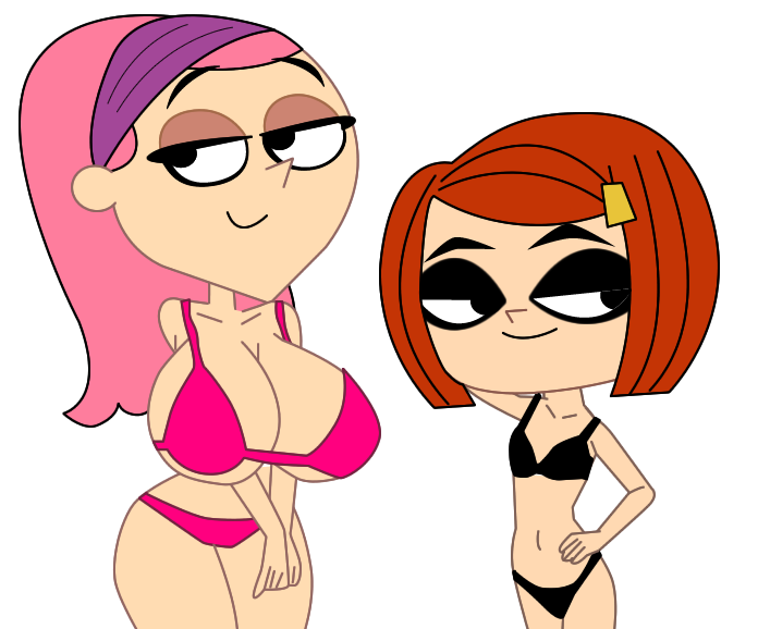 2girls big_breasts black_bikini black_swimsuit ec-707 grojband hairband laney_penn looking_at_viewer multiple_girls orange_hair pink_bikini pink_hair pink_swimsuit transparent_background trina_riffin