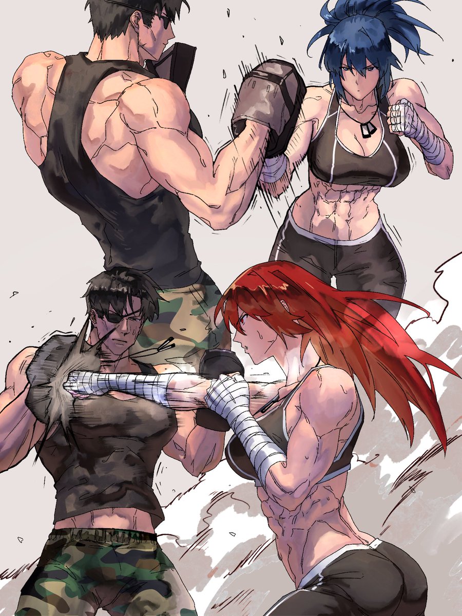 1boy 2girls 2girls1boy abs ass bandage big_breasts blue_hair female fighting heidern king_of_fighters large_breasts leona_heidern long_hair male male/female muscular muscular_arms muscular_back muscular_female muscular_male orochi_leona red_hair short_hair training