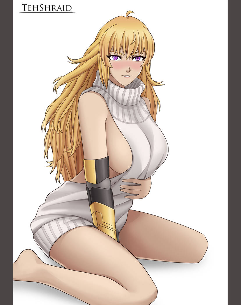 1girls blonde_female blonde_hair long_hair long_hair_female purple_eyes robotic_arm rwby side_boob sitting_on_floor tehshraid virgin_killer_sweater yang_xiao_long