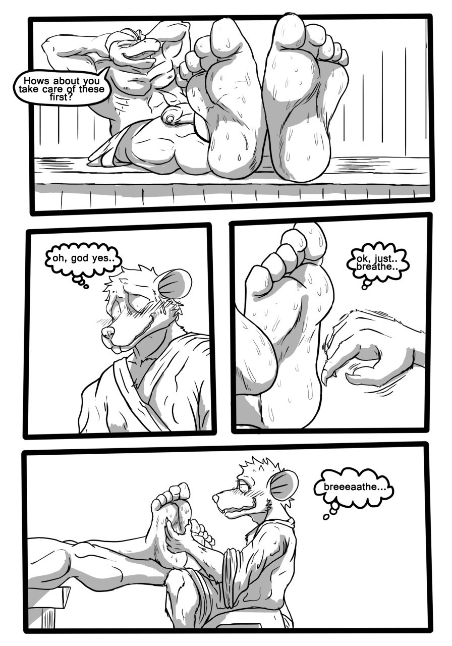 2014 anthro balls bathrobe canine comic duo english_text feet fur hi_res machoke male male_only mammal mouse muscular nintendo nipples penis pokemon pokemon_(species) rodent ryusuke573 sitting spa teeth text towel video_games xalex14