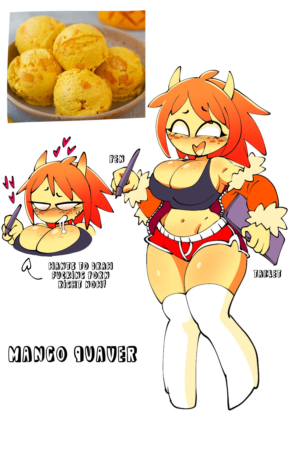 1girls art_tablet big_breasts big_thighs drooling female_only grey_bra horns mango_quaver_(female) orange_hair orange_hoodie original quavernsfw red_shorts reference_image stockings text white_background white_eyes white_stockings yellow_body