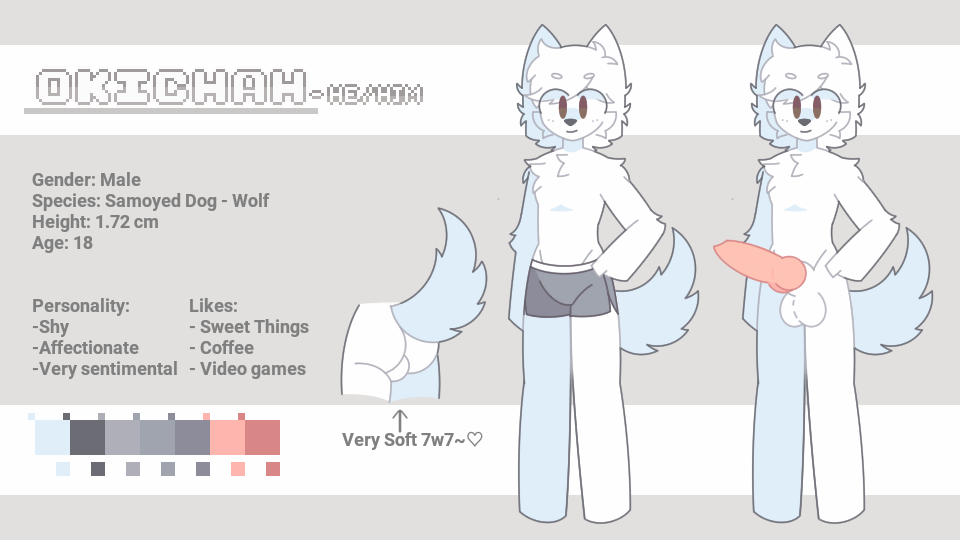 1boy background balls blush candy canid canine character_sheet cum dessert dripping duo eating food fur genitals inside male male_only nude okichah okichah_art original original_artwork pawpads penis reichan_art smile solo standing tail yiff