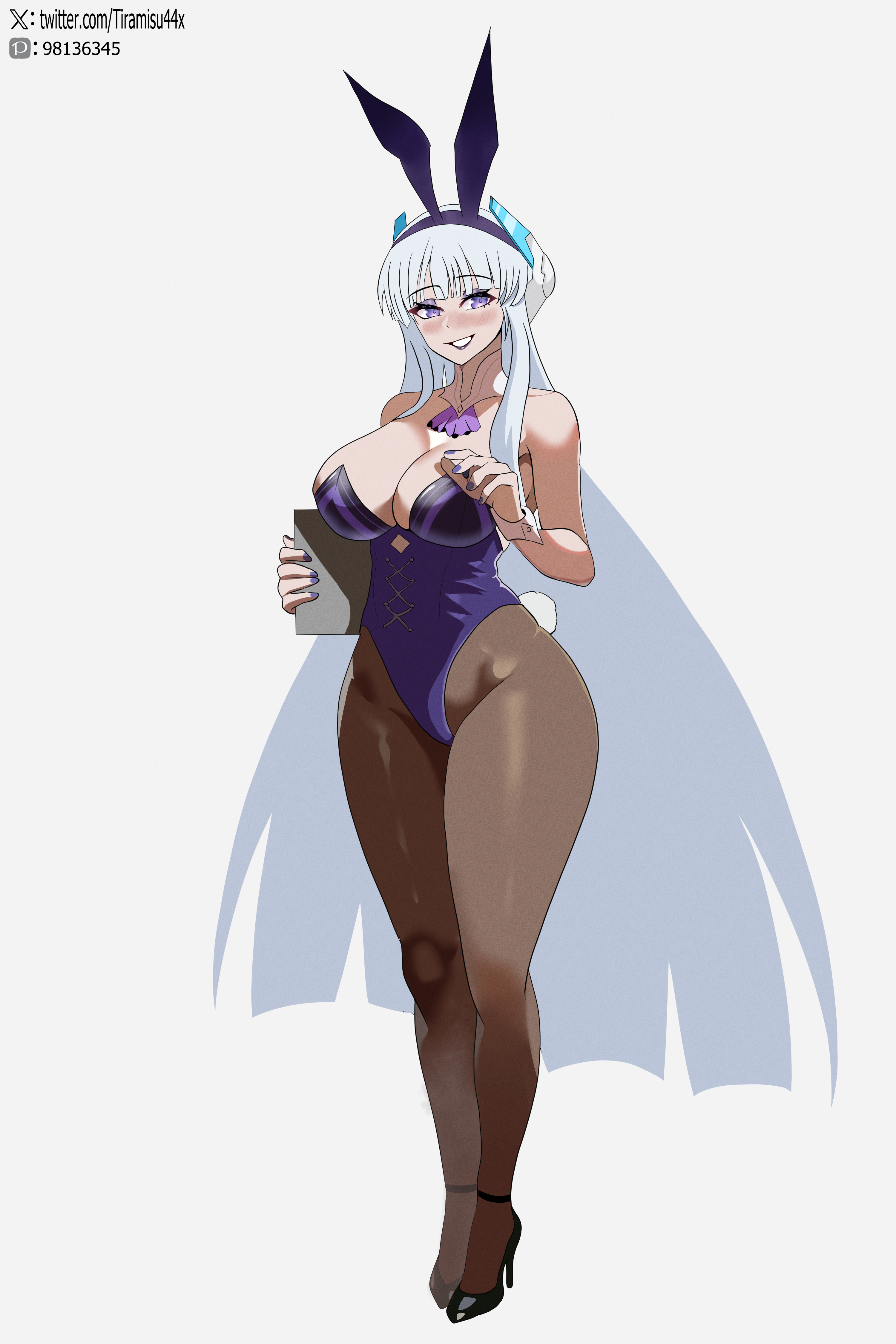 blue archive, breasts, bunny ears, bunny girl, bunny tail, bunnysuit, female, high heels, highres, millennium science school student, noa (blue archive), pantyhose, purple eyes, purple lipstick, purple nails, seminar (blue archive), smile, thighs, tiramisu44, traced, traced art, white background, white hair