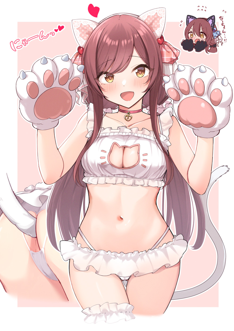 2girls anal_tail arakumachikano ass ass_cutout bra breasts brown_hair buttplug buttplug_tail cat_ears cat_keyhole_bra cat_keyhole_lingerie cat_lingerie cat_tail choker cleavage cleavage_cutout fake_animal_ears fake_tail female heart_choker heart_cutout idolmaster idolmaster_cinderella_girls lingerie looking_at_viewer medium_breasts midriff navel osaki_amana osaki_tenka panties paw_gloves pawpads thigh_strap twintails underwear white_bra white_lingerie white_panties yellow_eyes