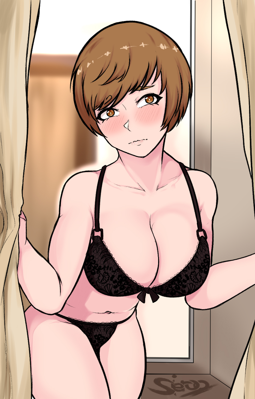 1girls black_bra black_lingerie black_panties bra breasts brown_eyes brown_hair curtain_grab curtains fitting_room large_breasts lingerie looking_at_viewer midriff mirror navel nervous panties persona persona_4 satonaka_chie short_hair sieroo tomboy