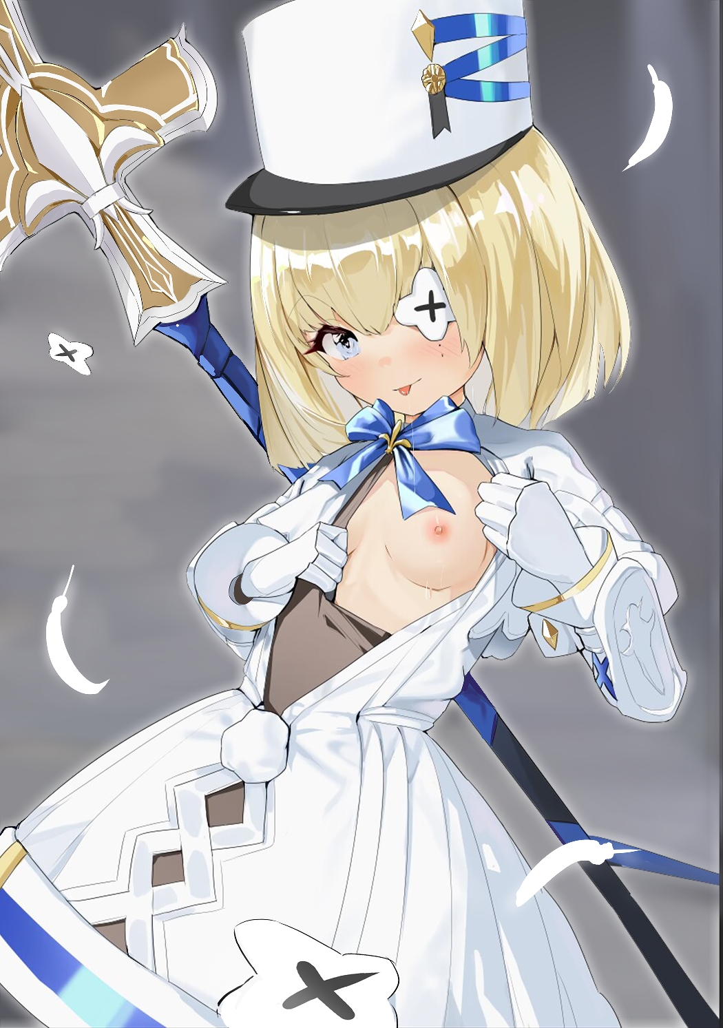 azur_lane blonde_hair blush eye_patch feathers hat le_terrible_(azur_lane) light_blue_eyes one_eye_covered polearm saliva_string short_hair small_breasts tongue_out