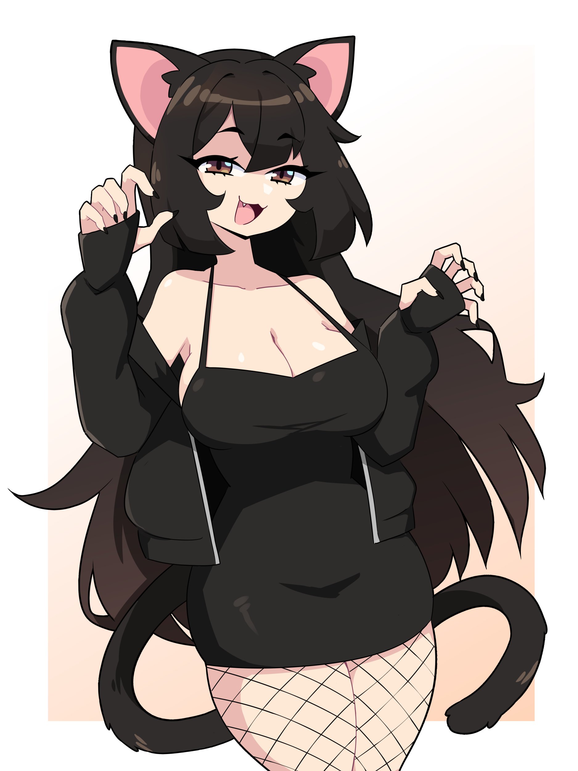:3, :3d, 1girls, 2024, big breasts, black hair, black nails, breasts, brown hair, cat ears, cat girl, cat pose, cat tail, catgirl, cleavage, commission, cute fang, dress, female, female only, fishnet pantyhose, fishnets, hi res, j5daigada, jacket off shoulders, long hair, looking at viewer, nail polish, narrowed eye, open mouth, painted nails, pose, smiling, smiling at viewer, solo, thick thighs