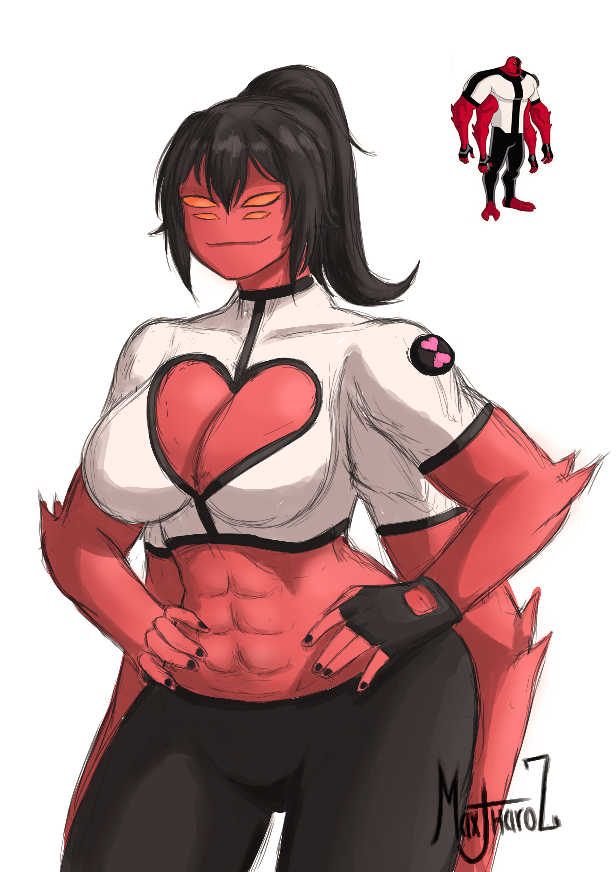 4 arms, 4 eyes, abs, ben 10, black hair, black pants, breasts, chaquetrix, cleavage, female, fourarms, large breasts, long hair, maxjharoz, midriff, multi arm, multi eye, multi limb, muscular, muscular female, navel, ponytail, red skin, shirt, smile, smug, tetramand, white background