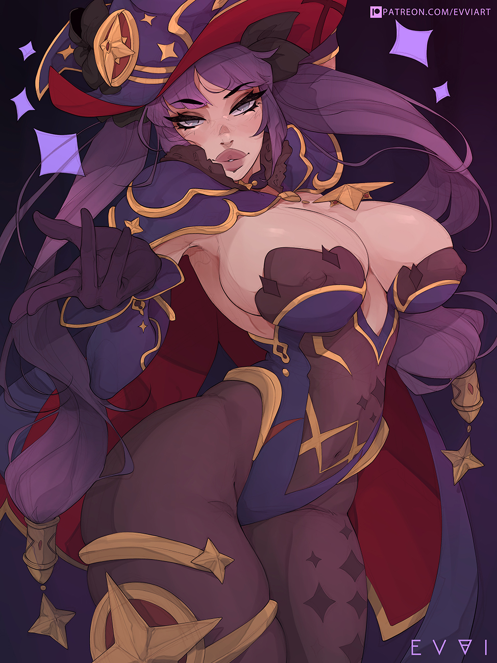 1girls, 2021, big breasts, bodystocking, breasts, evviart, female, female only, genshin impact, long hair, looking at viewer, mona (genshin impact), narrowed eyes, purple hair, solo, thick thighs
