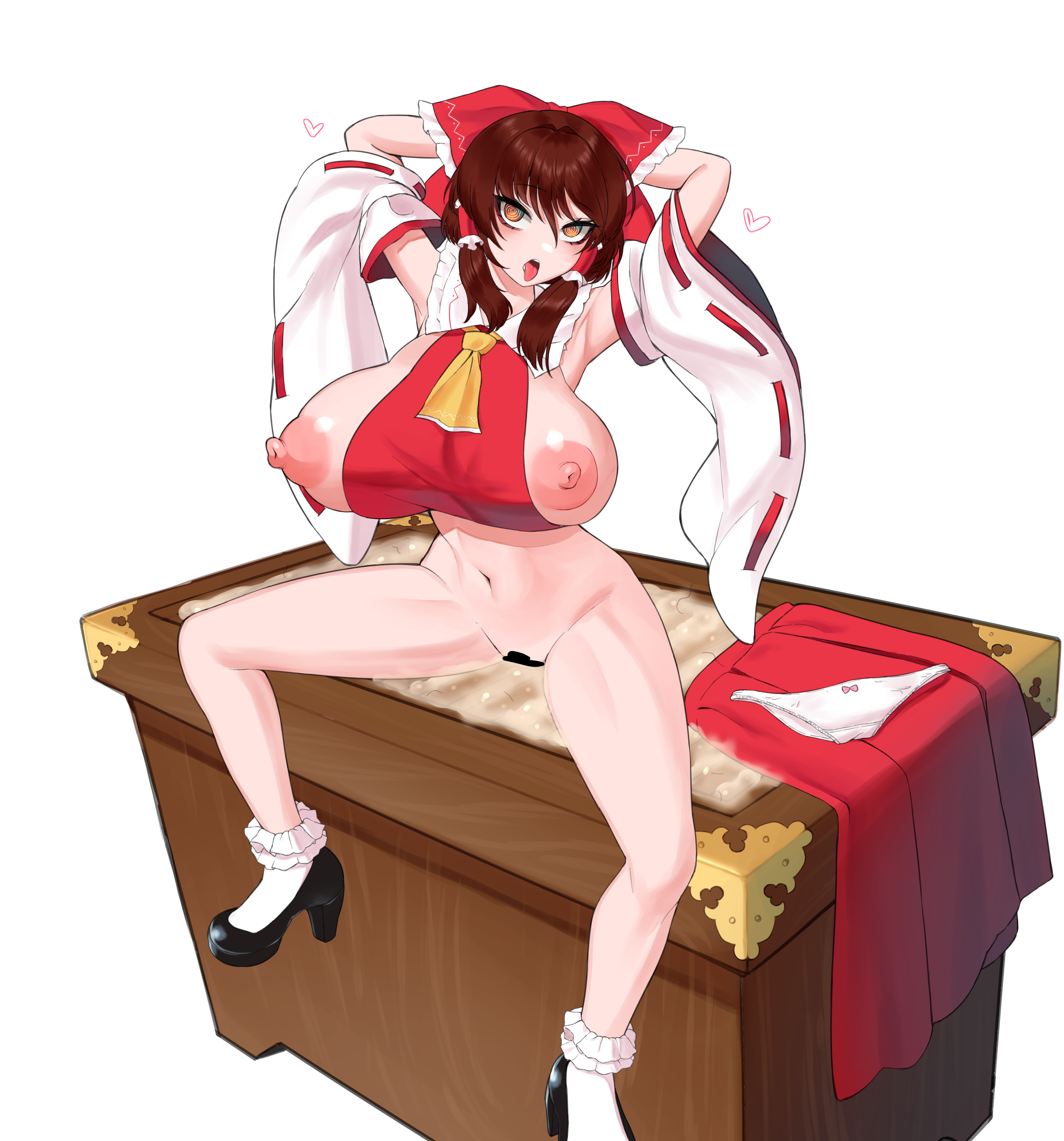 ass, bow, breasts, censored, clothing, cum, dallim, female, female focus, insects, large ass, large breasts, large penis, male, panties, penis, reimu hakurei, touhou, zoophilia