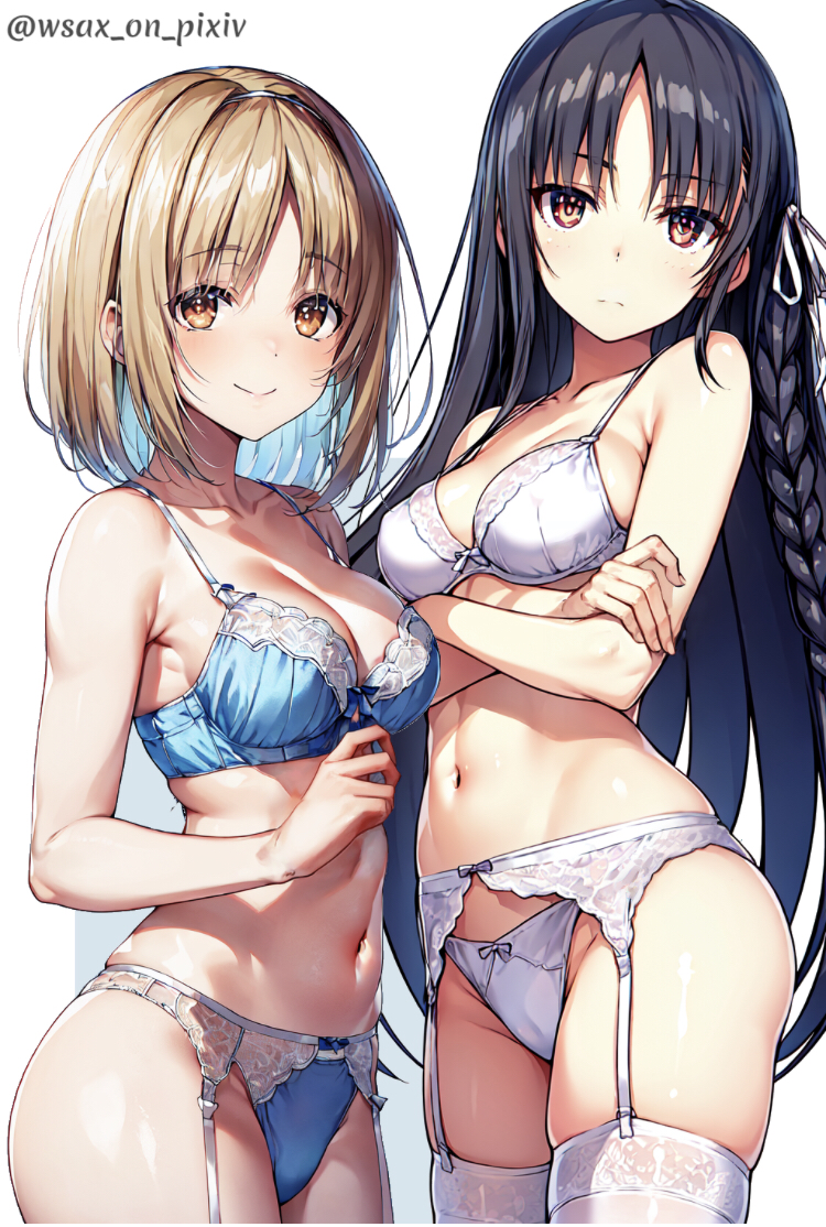 2girls ai_generated arms_crossed_under_breasts belly_button black_hair blonde_female blonde_hair blue_bra blue_lingerie blue_panties braided_hair busty_female classroom_of_the_elite female_focus female_only hair_ribbon horikita_suzune kushida_kikyou long_hair looking_at_viewer orange_eyes schoolgirl short_hair simple_background smiling_at_viewer stomach underwear_only watermark white_background white_bra white_lingerie white_panties wsax