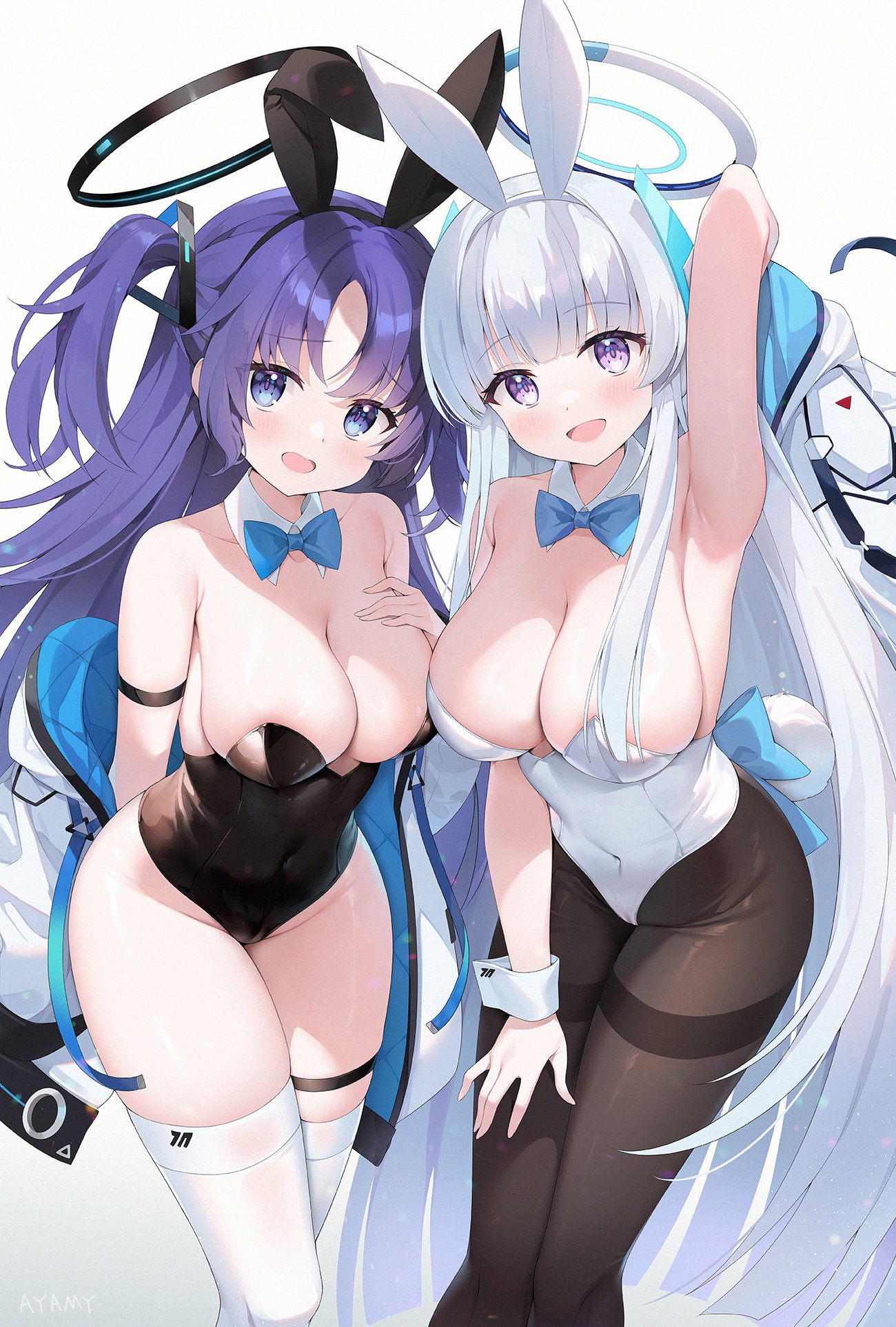 2girls, alternate costume, animal ears, arm up, armpit, armpits, artist name, ayamy, bangs, bare arms, bare shoulders, big breasts, black halo, black leotard, black pantyhose, blue archive, blue bow, blue bowtie, blue eyes, blue hair, blunt bangs, bow, bowtie, breasts, bunnysuit, cleavage, collar, covered navel, detached collar, eyebrows visible through hair, fake animal ears, female, halo, headgear, highleg, highleg leotard, highres, huge breasts, jacket, large breasts, leotard, light skin, light-skinned female, long hair, looking at viewer, mechanical halo, millennium science school logo (blue archive), millennium science school student, multiple females, multiple girls, noa (blue archive), off shoulder, open mouth, pantyhose, parted bangs, playboy bunny, presenting armpit, purple eyes, rabbit ears, rabbit tail, seminar (blue archive), sideboob, simple background, smile, smiling, smiling at viewer, strapless, strapless leotard, tail, thigh strap, thighband pantyhose, thighhighs, two side up, white background, white collar, white hair, white halo, white jacket, white leotard, white thighhighs, white wrist cuffs, wrist cuffs, yuuka (blue archive)