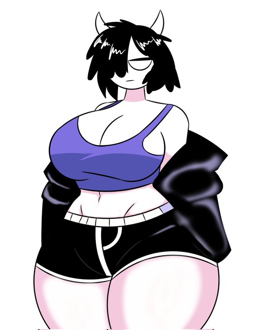 big_breasts big_thighs black_hair black_hoodie black_shorts blank_expression blank_eyes blank_stare blue_bra emo fanart fanart_from_twitter flaky_(quavernsfw) hoodie horns short_shorts stomach white_background white_body