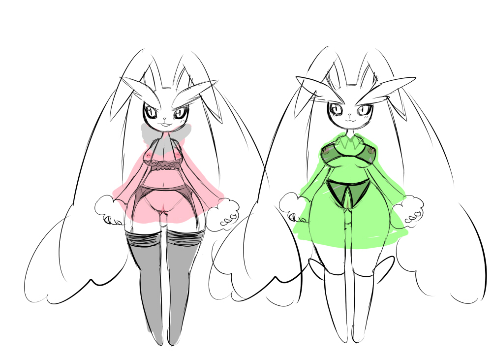 anthro aturn breasts clothing crotchless_panties dress duo female lagomorph long_ears looking_at_viewer lopunny mammal nintendo nipples pokemon pokemon_(species) pussy semi_colored standing tagme video_games