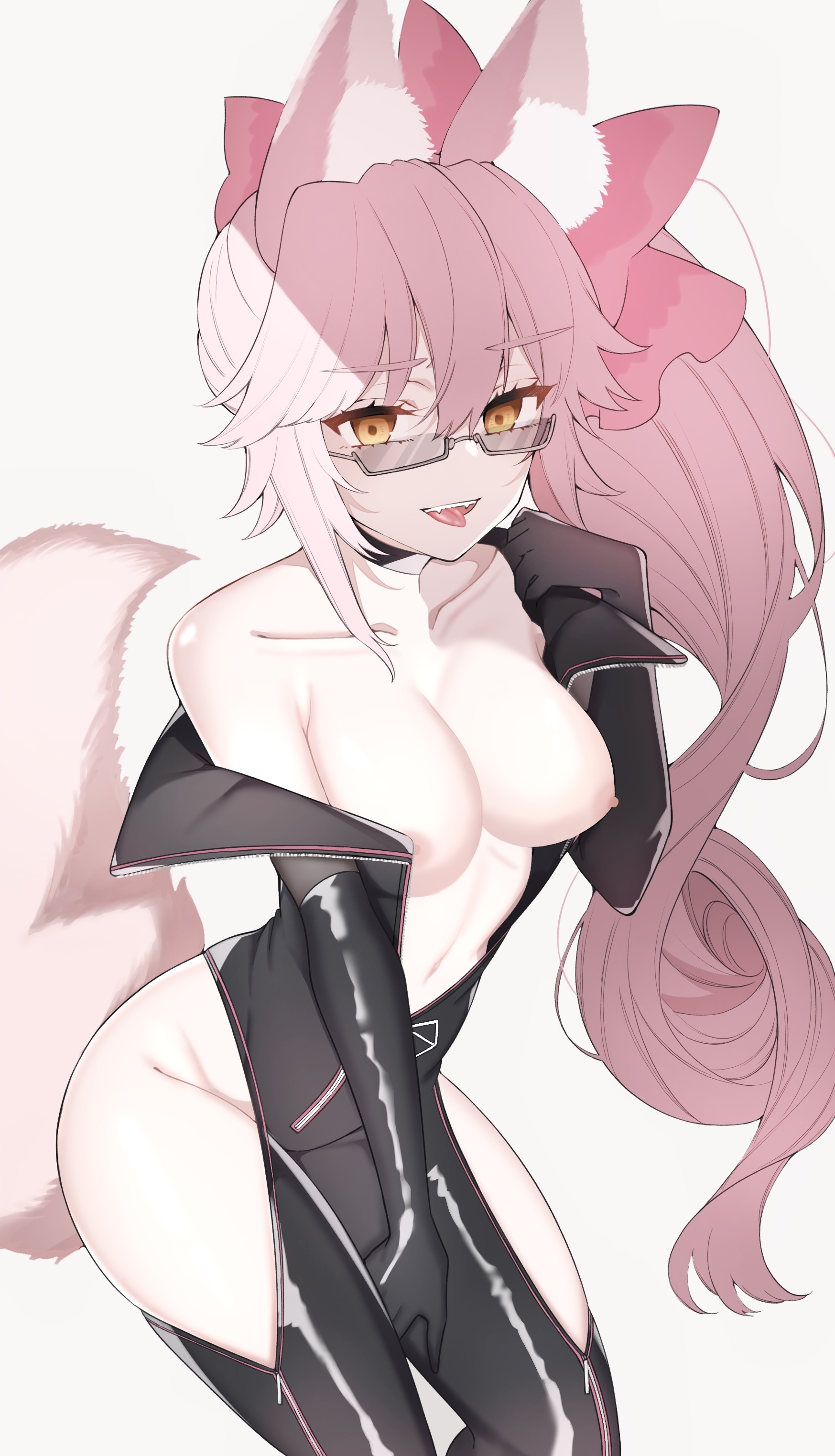 animal ear fluff, animal ears, areolae, bow, breasts, fangs, fate (series), fate/grand order, female, fox ears, fox girl, fox tail, glasses, koyanskaya (assassin first ascension), koyanskaya (assassin), koyanskaya (assassin) (first ascension) (fate), koyanskaya (fate), pink hair, tagme