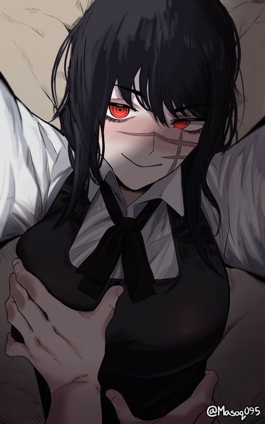 1girls 2d artist_name black_hair blush breast_grab chainsaw_man clothed clothing face_scar female female_focus groping_breasts happy_sex looking_at_viewer masoq095 mitaka_asa pov red_eyes scar scar_on_face shirt smile waist_grab yoru_(chainsaw_man)