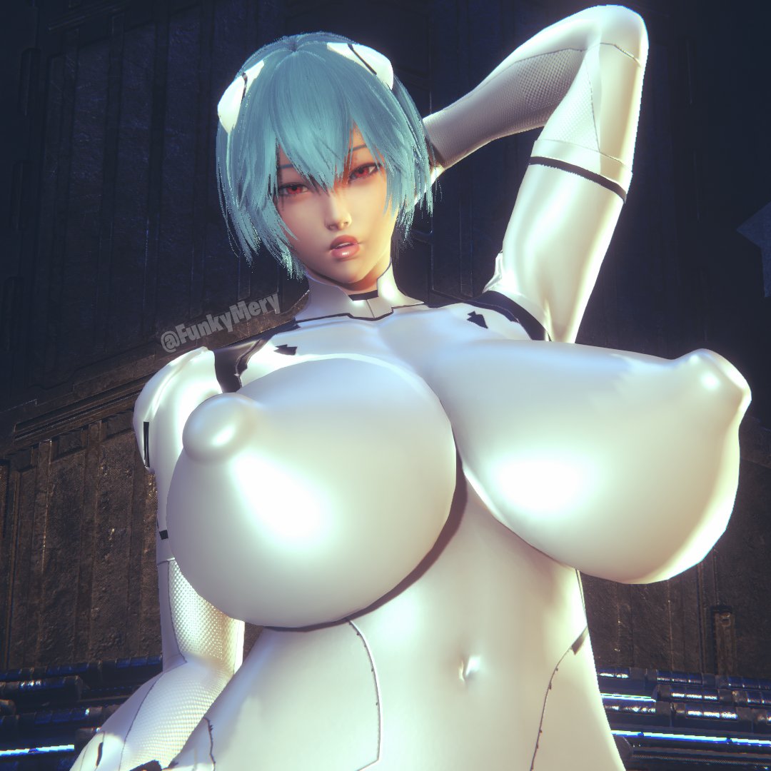 1girls 3d 3d_(artwork) arm_behind_head artist_name blue_hair breasts breasts_bigger_than_head female female_focus female_only funkymery hair_accessory honey_select honey_select_2 huge_boobs huge_breasts human illusion_soft navel_visible_through_clothes neon_genesis_evangelion nipple_bulge nipples_visible_through_clothing perky_breasts perky_nipples plugsuit plump red_eyes rei_ayanami skin_tight solo solo_female solo_focus thick thick_lips watermark white_plugsuit