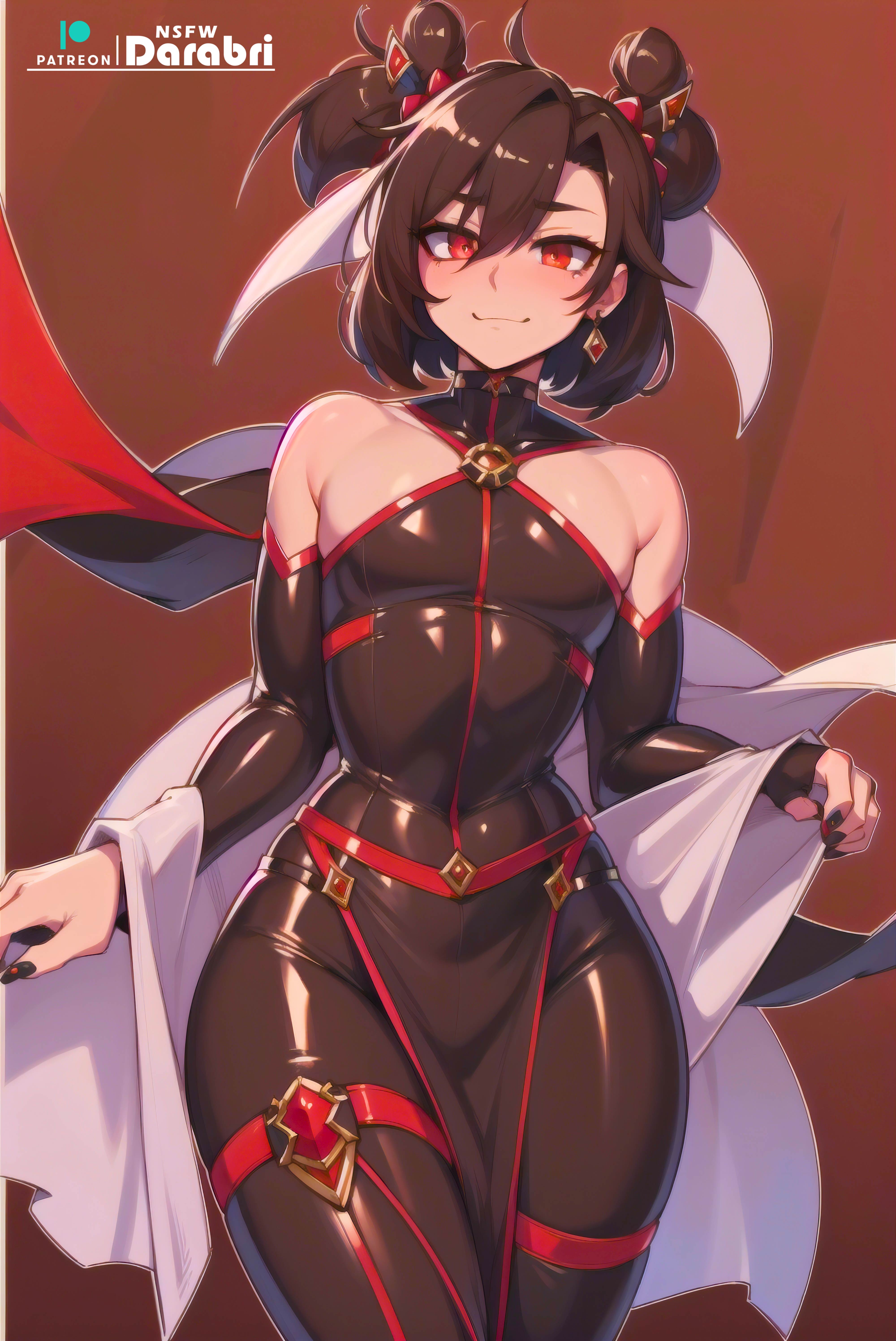 1boy, 1femboy, abstract background, absurd res, ai generated, blush, brown hair, closed mouth, colored, cute, cute male, darabri, dark hair, detailed, femboy, feminine male, girly, hair bun, hair ornament, jewelry, logo, long hair, male, otoko no ko, pale skin, patreon, patreon logo, red eyes, short hair, smile, strapless, thick boy, thick femboy, thick thighs, tight clothing, tight fit, trap