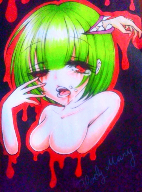 1girls apple_green_hair blood blood_on_face blood_on_mouth bloody_mary_(vocaloid) bloody_tears blunt_bangs blurry bob_cut body_horror breasts collarbone copyright_name double_eyebrows english_text eyebrows eyebrows_visible_through_hair eyelashes eyelashes_visible_through_hair female green_hair gumi highlights highlights_(coloring) horror horror_(theme) kibatan looking_at_viewer masa_works_design mv_character no_areolae no_nipples nude open_mouth red_eyes shikishi shiny_hair short_hair signature simple_background small_breasts solo song_name tears teeth tongue upper_body vocaloid white_hair